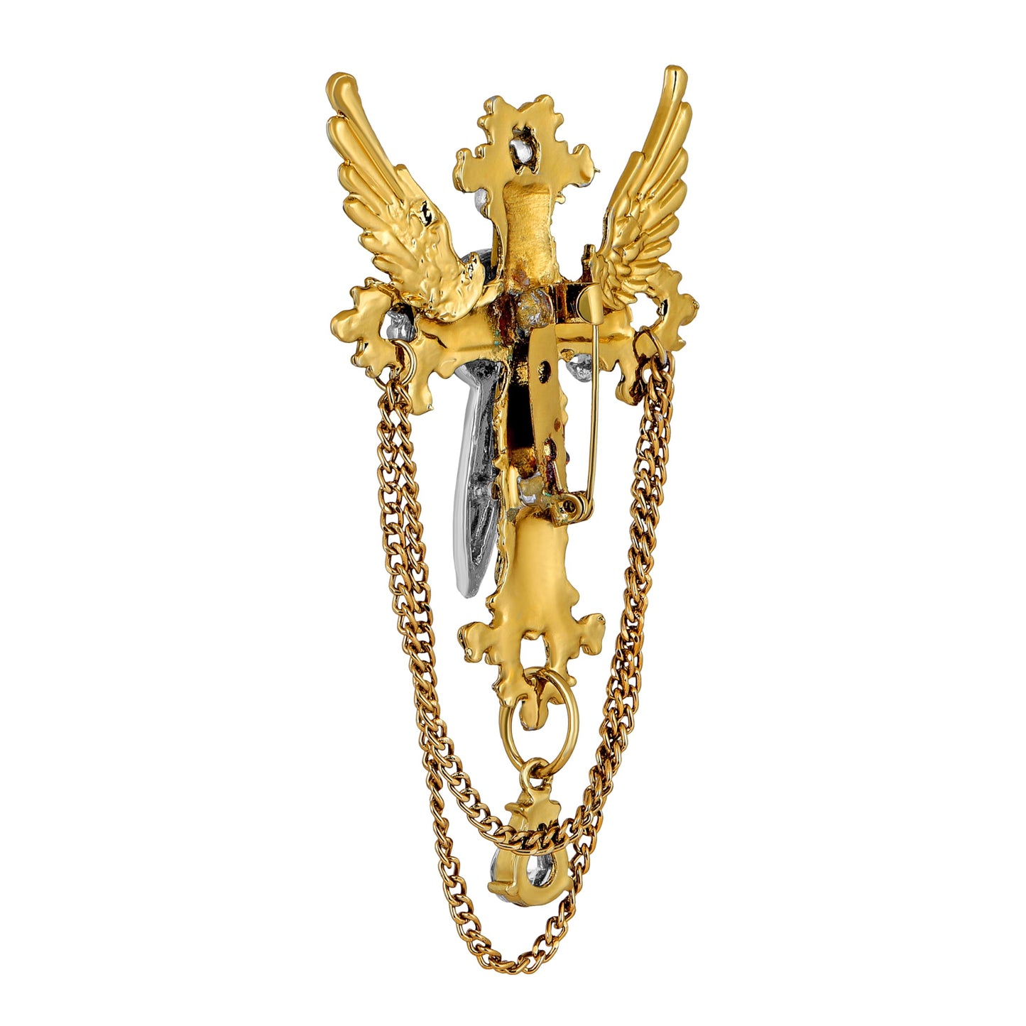 Mahi Black Cross and Wings Hanging Chain Sherwani Brooch with Crystal for Men (BP1101088G)