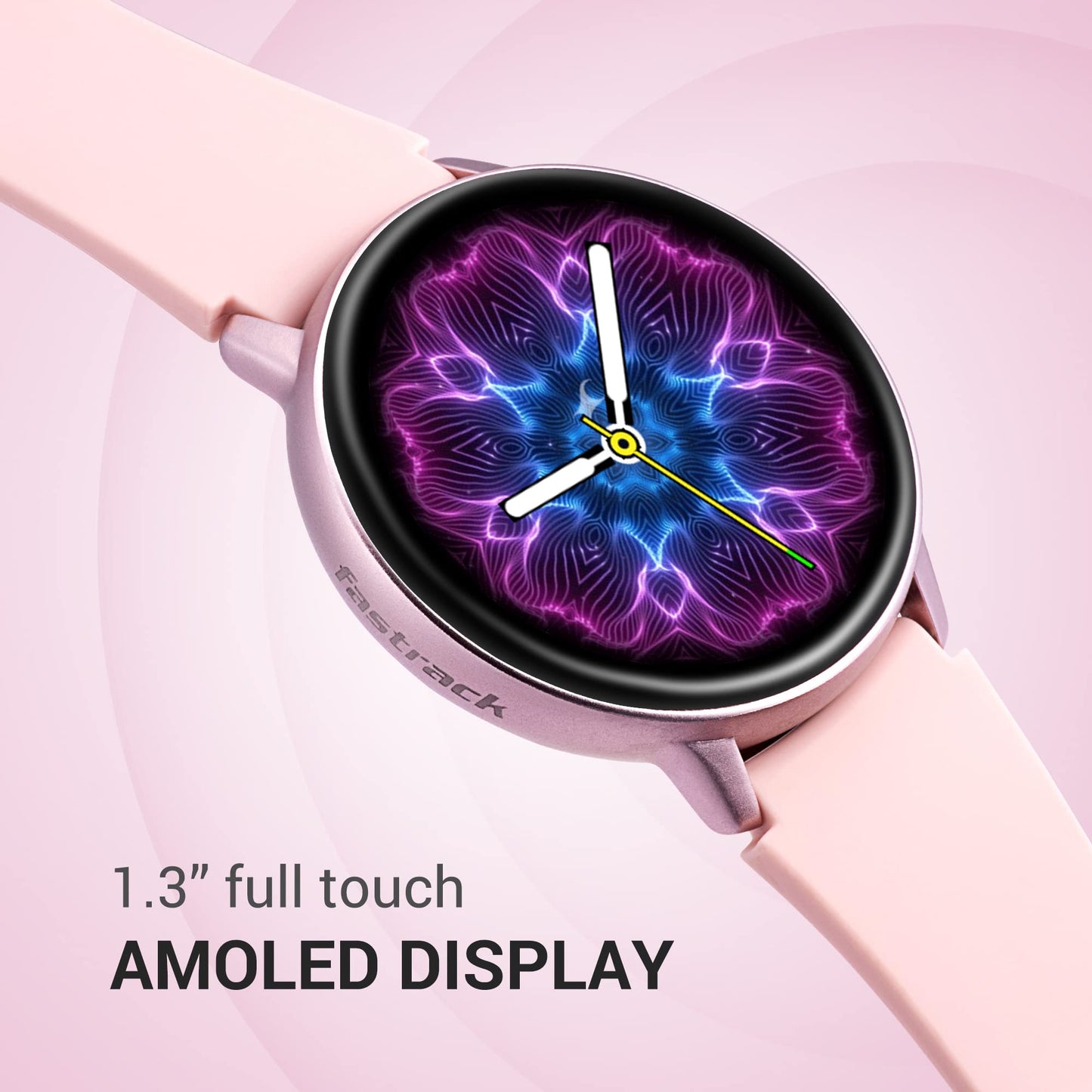 Fastrack Reflex Play 1.3 AMOLED Display Smart Watch with AOD Premium Metallic Body Animated Watchfaces BP & Sleep Monitor 24x7 HRM SpO2 Multiple Sports Modes Upto 7 Day Battery IP68 (Pink)