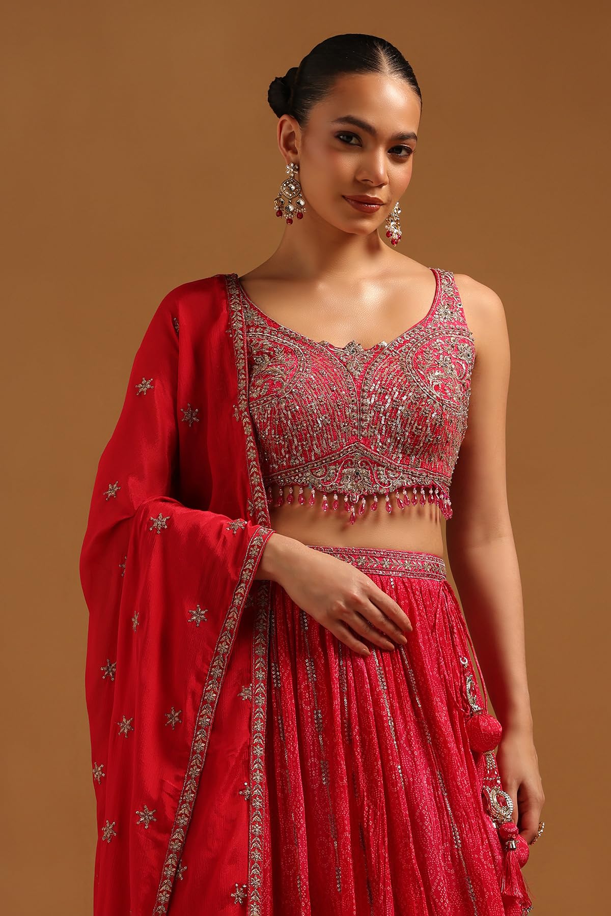 Soch Womens Fuchsia Chinon Embroidered Lehenga Choli Set With Stones And Sequins