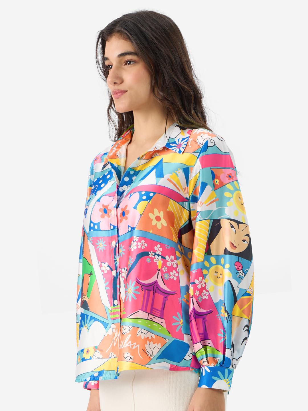 The Souled Store Official Satin Shirt: Disney Mulan Women and Girls Long Sleeve Collared Neck Button Down Multicolor All Over Printed Polyester Shirts