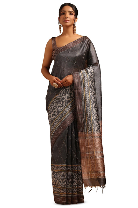 Soch Womens Grey Tussar Geometric Saree With Kantha Embroidery
