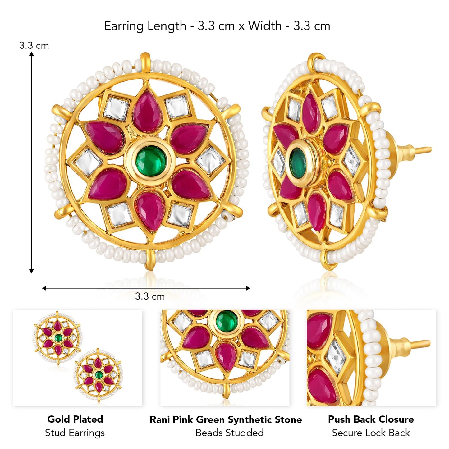Peora Gold Plated Rani Pink Green Synthetic Stone & Beads Studded Stud Earrings Ethnic Jewellery for Women & Girls