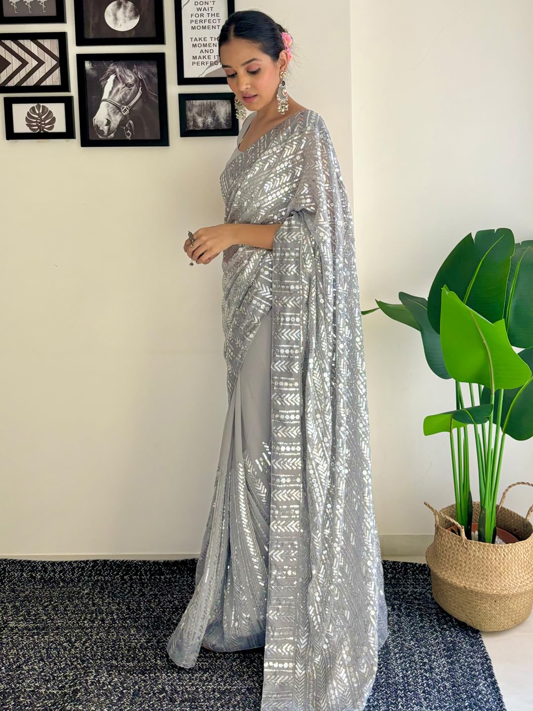 AKHILAM Women's Grey Georgette Sequins Embellished Saree with Unstitched Blouse Piece (KESARI5101_KR)