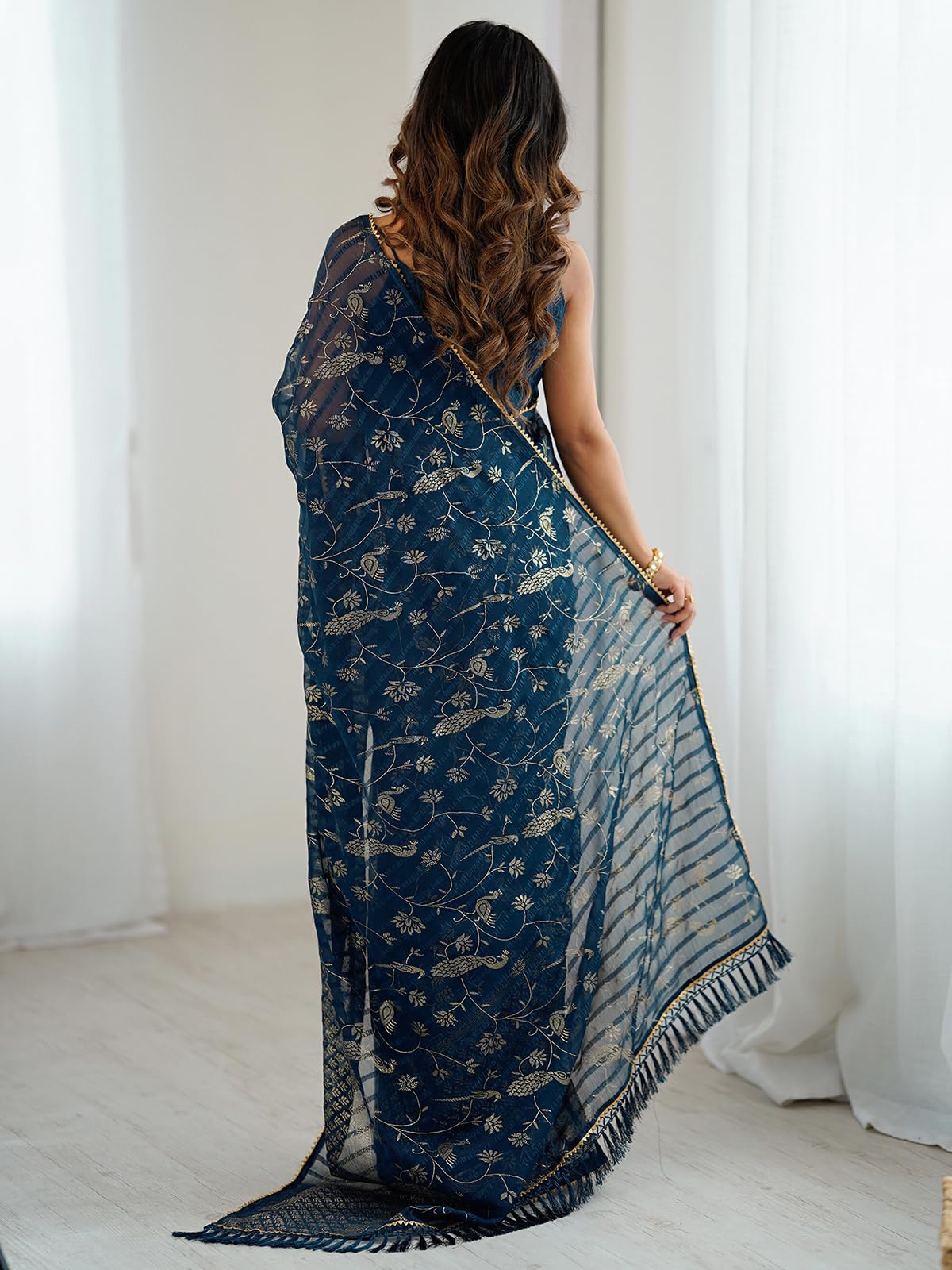 Satrani Women's Georgette Foil Printed Gota Lace Self- Woven Saree with Unstitched Blouse Piece (4742S822N_Peacock Blue)