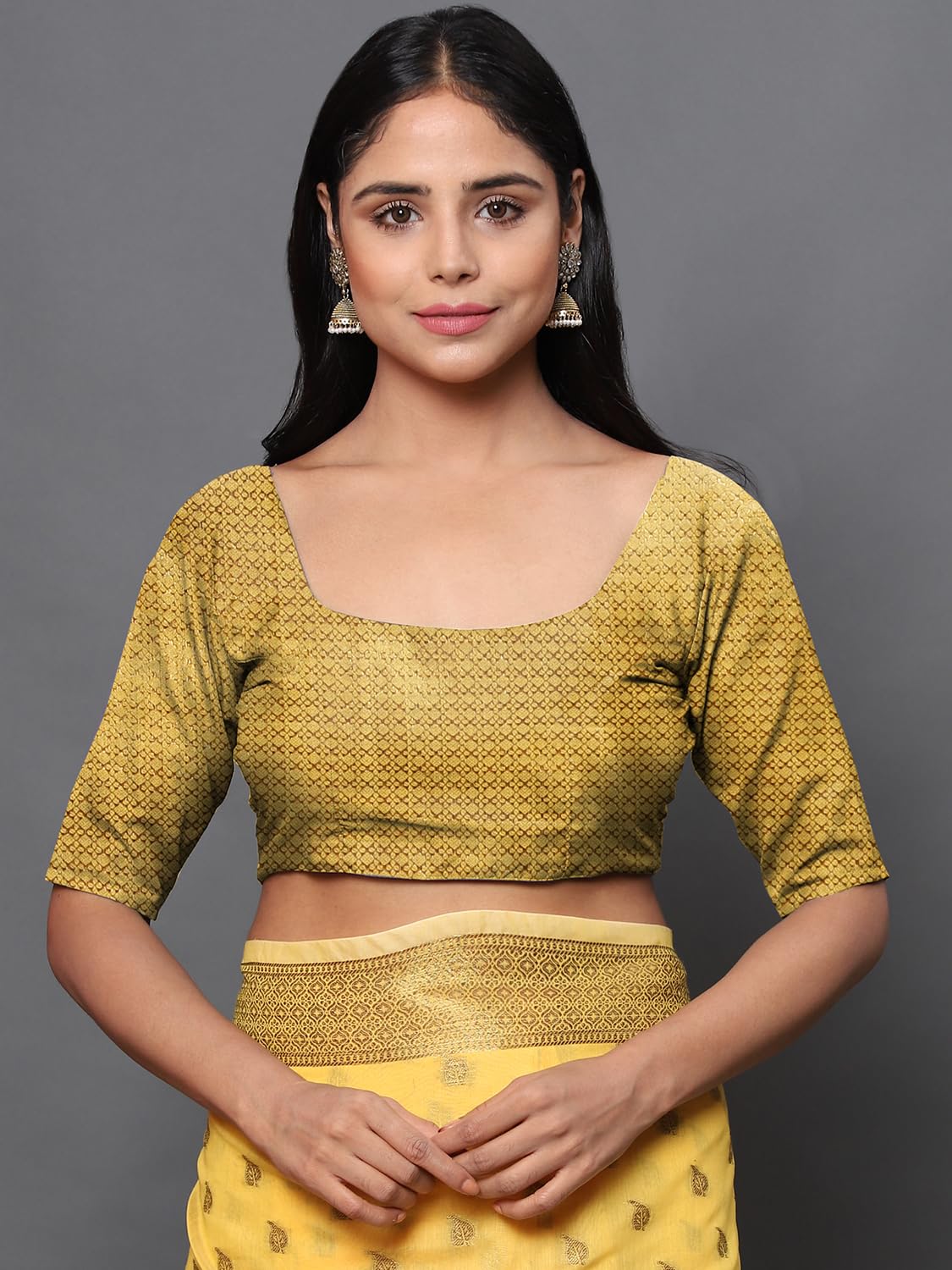 leeza store Women's Yellow Cotton Silk Blend Golden Zari Tree Pattern Border Rich Pallu Banarasi Saree With Blouse Piece