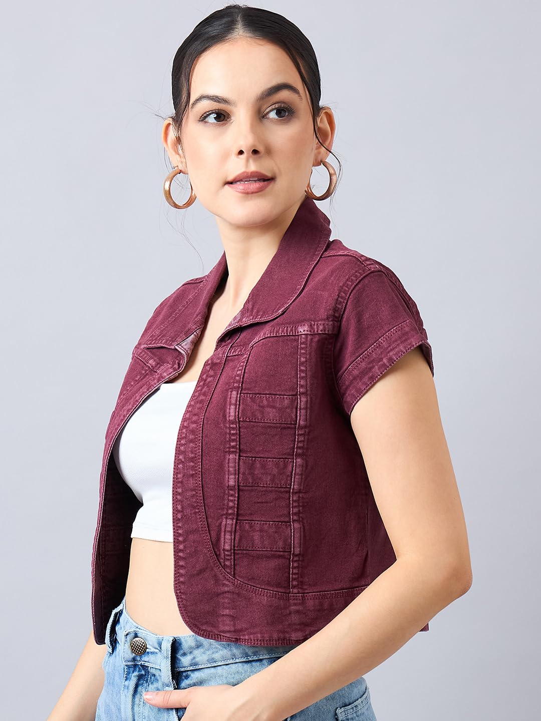 Style Quotient Women Wine Open Front Denim Shrug
