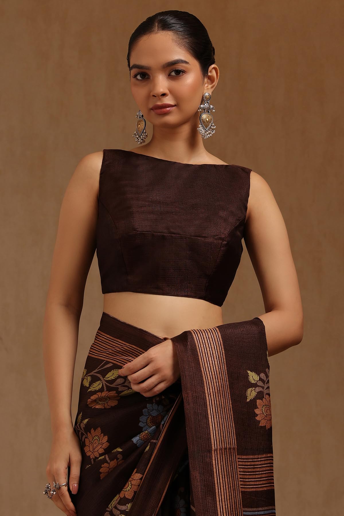 Soch Womens Brown Art Silk Floral Print Saree