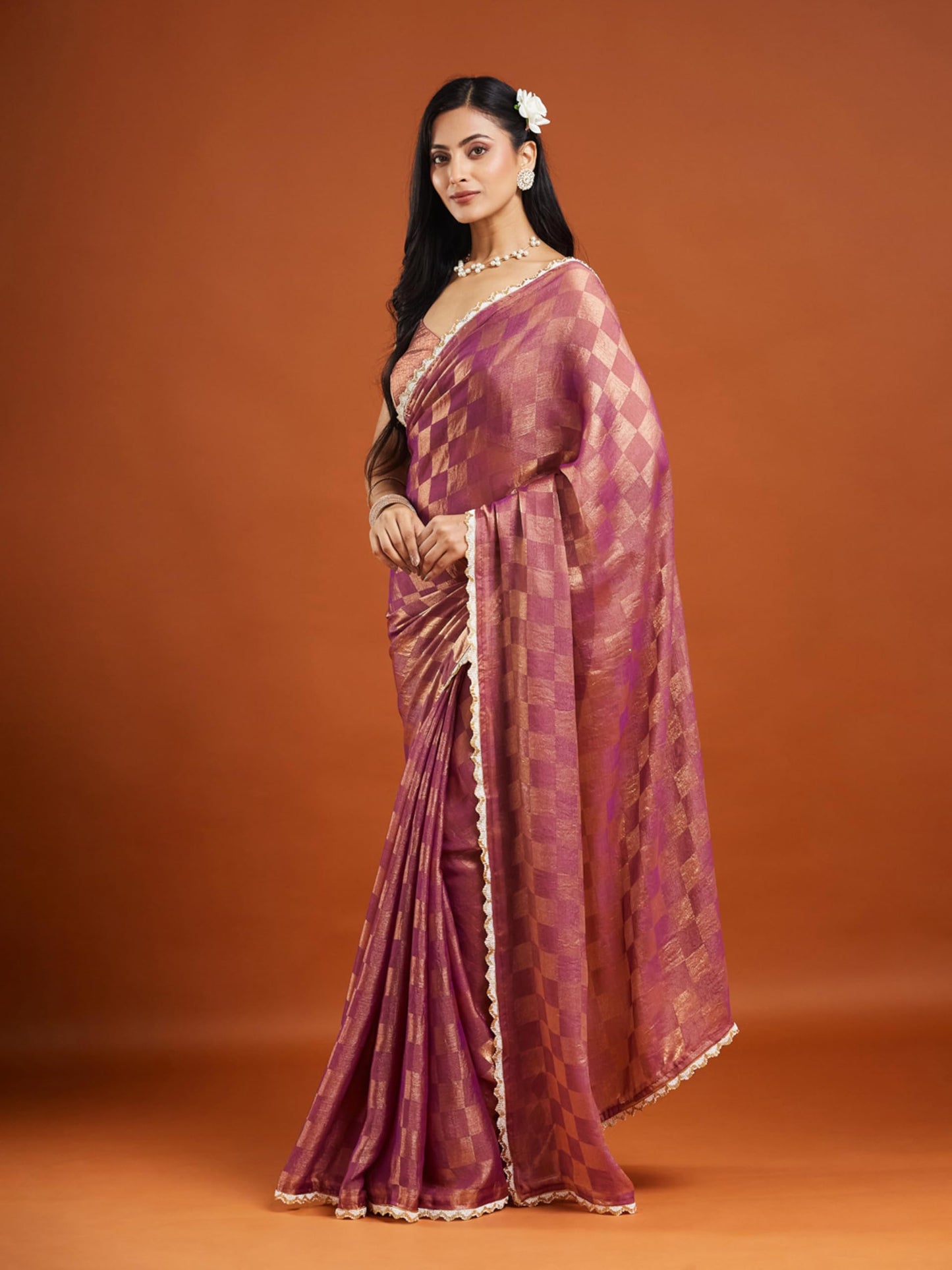 LOROFY Women's Zimmy Choo Silk Blend Saree with Sequin Embroidered Lace Border, Checked Zari Detailing & Unstitched Banglori Blouse Piece (Fandy Box 0.2-Wine_Wine_Free Size)