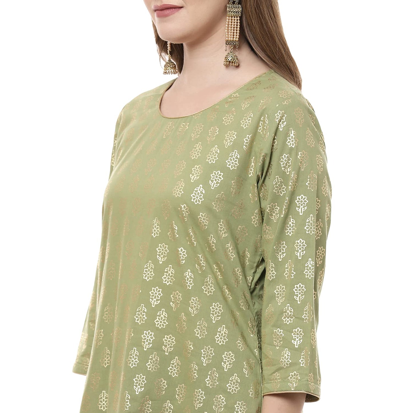 Rangriti Women's Cotton Kurta With Palazzo & Dupatta (190743_Olive Green_36)
