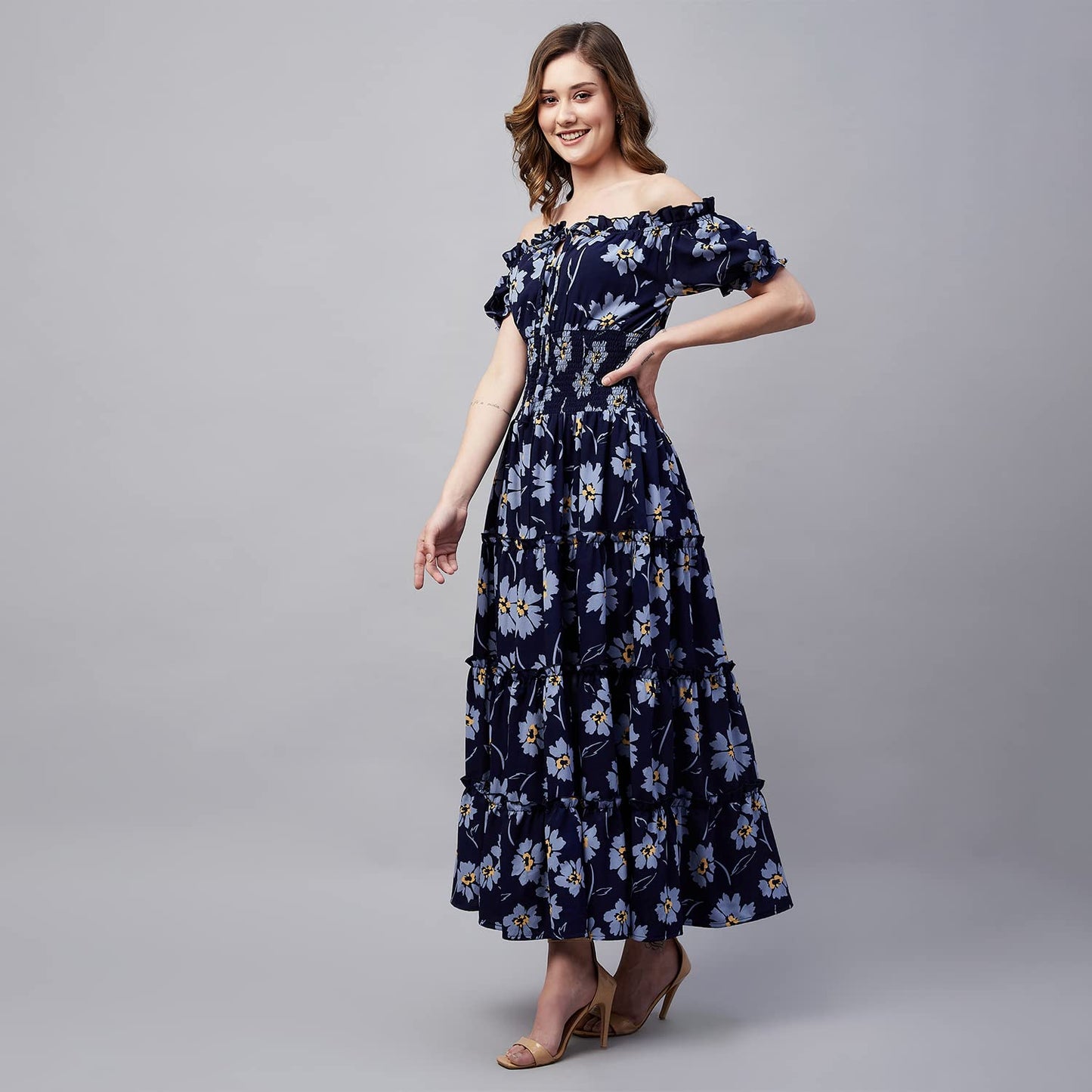 Carlton London Women's Crepe Fit and Flare Maxi Dress (CL657_Navy Blue_L)