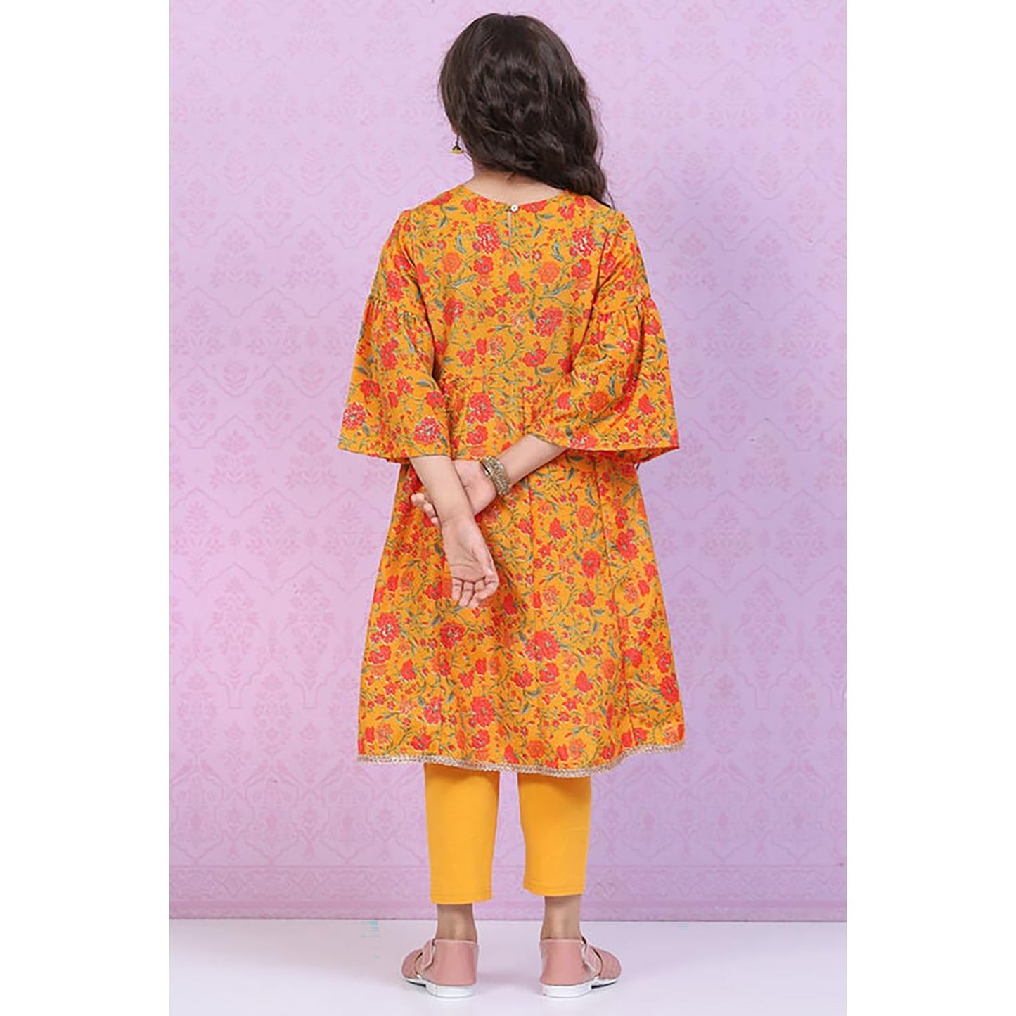 BIBA Girls Polyester Flared Printed Suit Set(KW5024E_5_Brown)