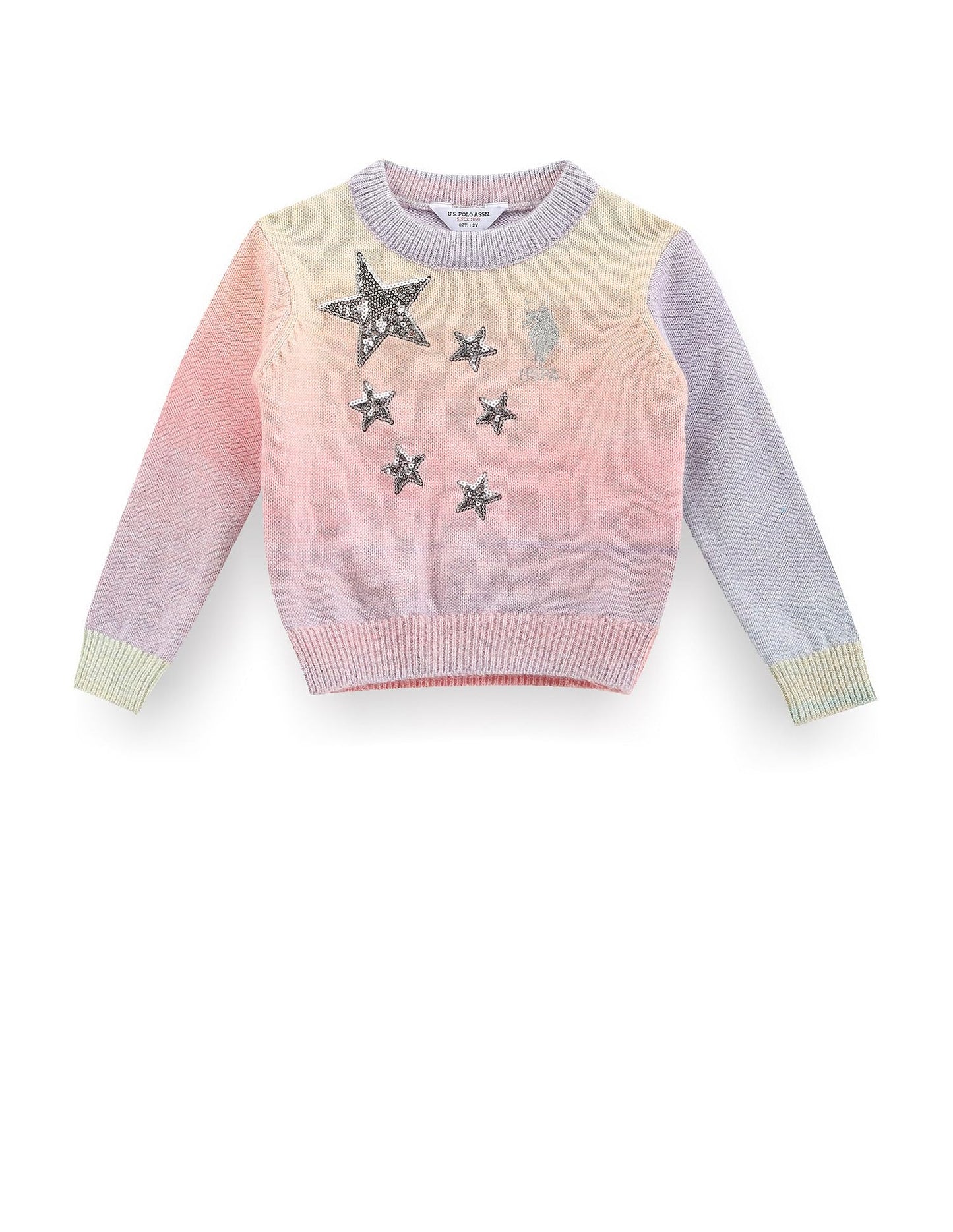 U.S. POLO ASSN. GirlsCrew Neck Embellished Sweater Pink and Grey