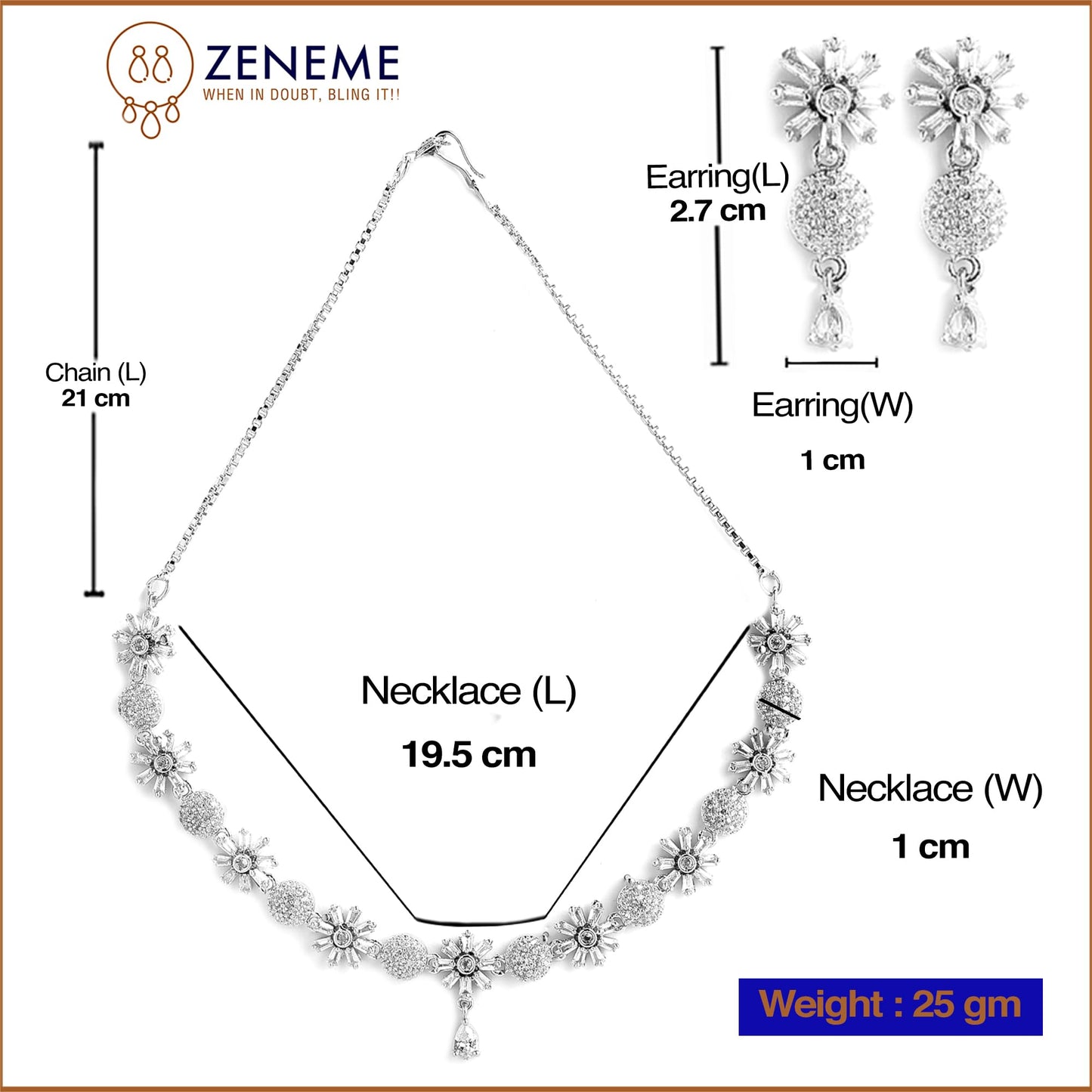 ZENEME Rose Gold-Plated White American Diamond Studded Flower-Round Shaped Necklace with Earrings Jewellery Set for Girls and Women (Silver)