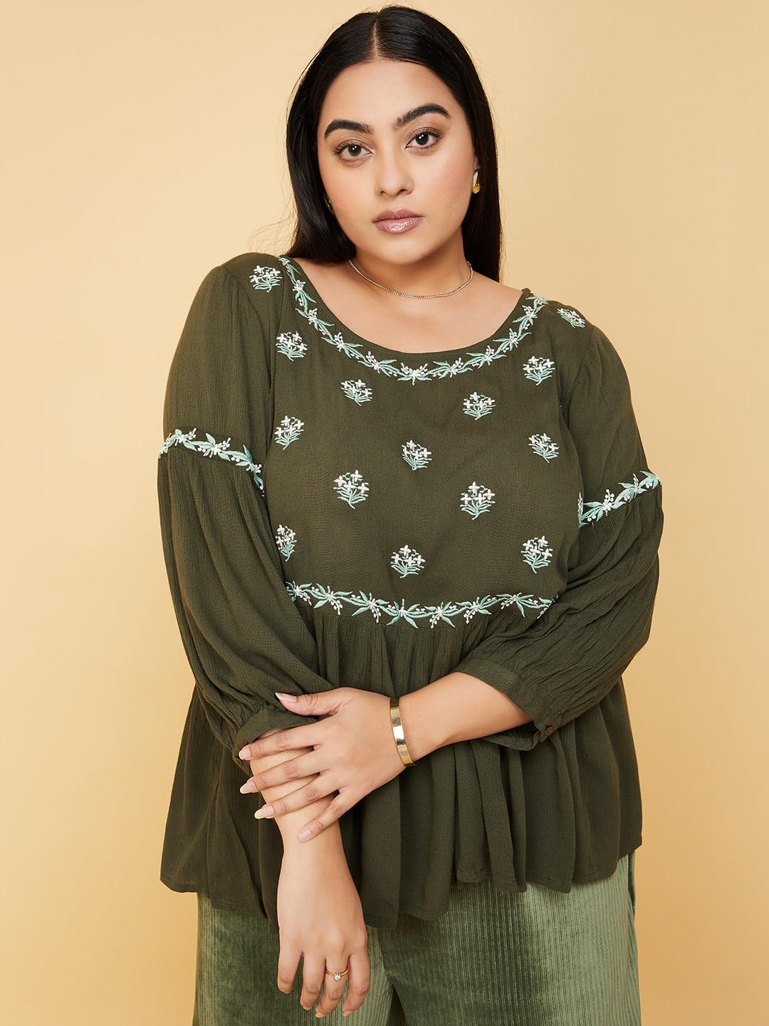 Max Women Rayon Regular Fit Plus Size Embroidered Gathered Top (EMB3101P_Olive Green)