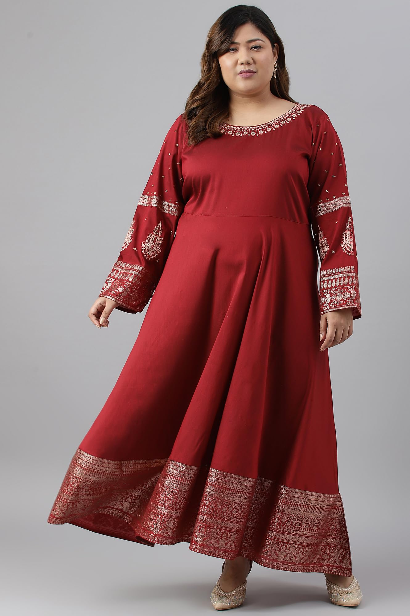 W for Woman Maroon Festive Plus Size Gown with Embroidery on Neck and Sleeves_22AUW18361G-217627_5XL