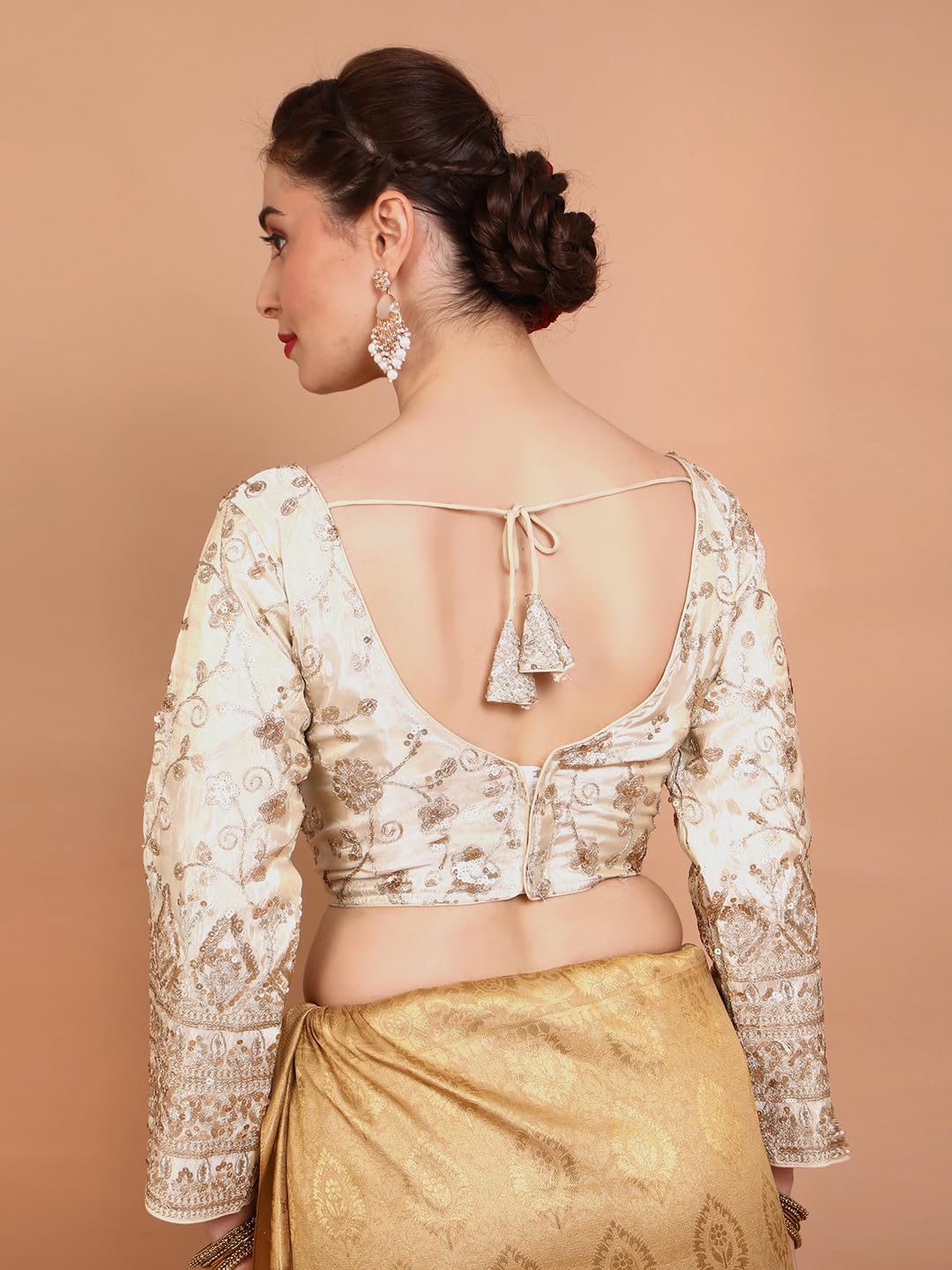 S SALWAR STUDIO Cream Tissue Embroidered Readymade Alterable Blouse