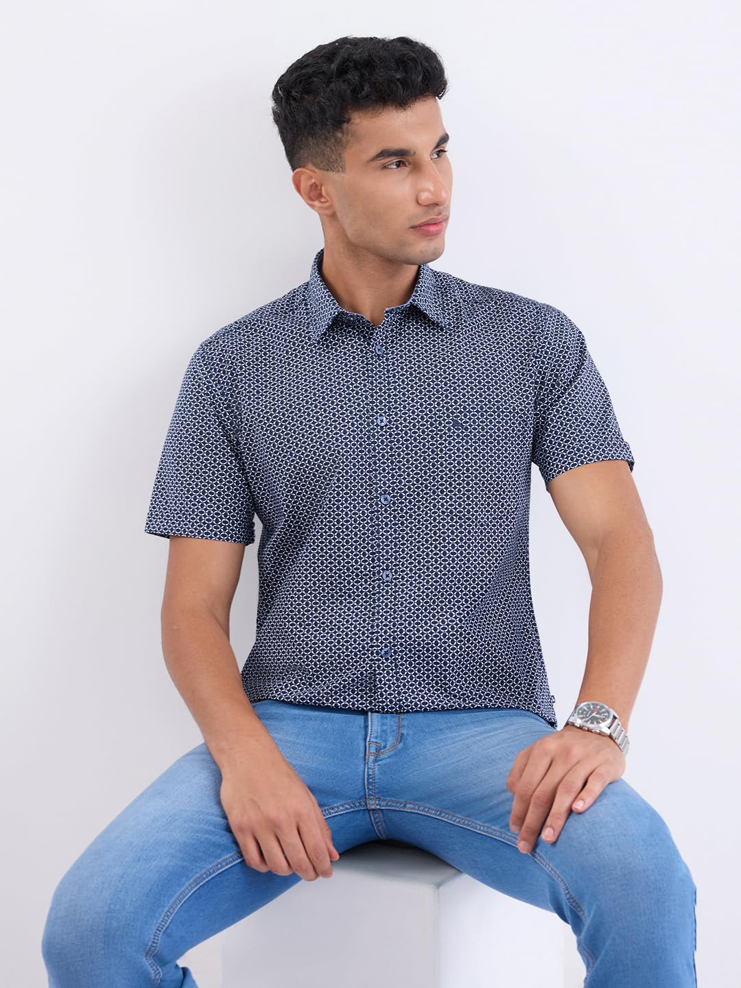 Raymond Men Regular Fit Print Pattern Linen Cotton Blend Semicutaway Collar Full Sleeve Casual Shirt (Size:42)-RCSQ01979-B6 Blue