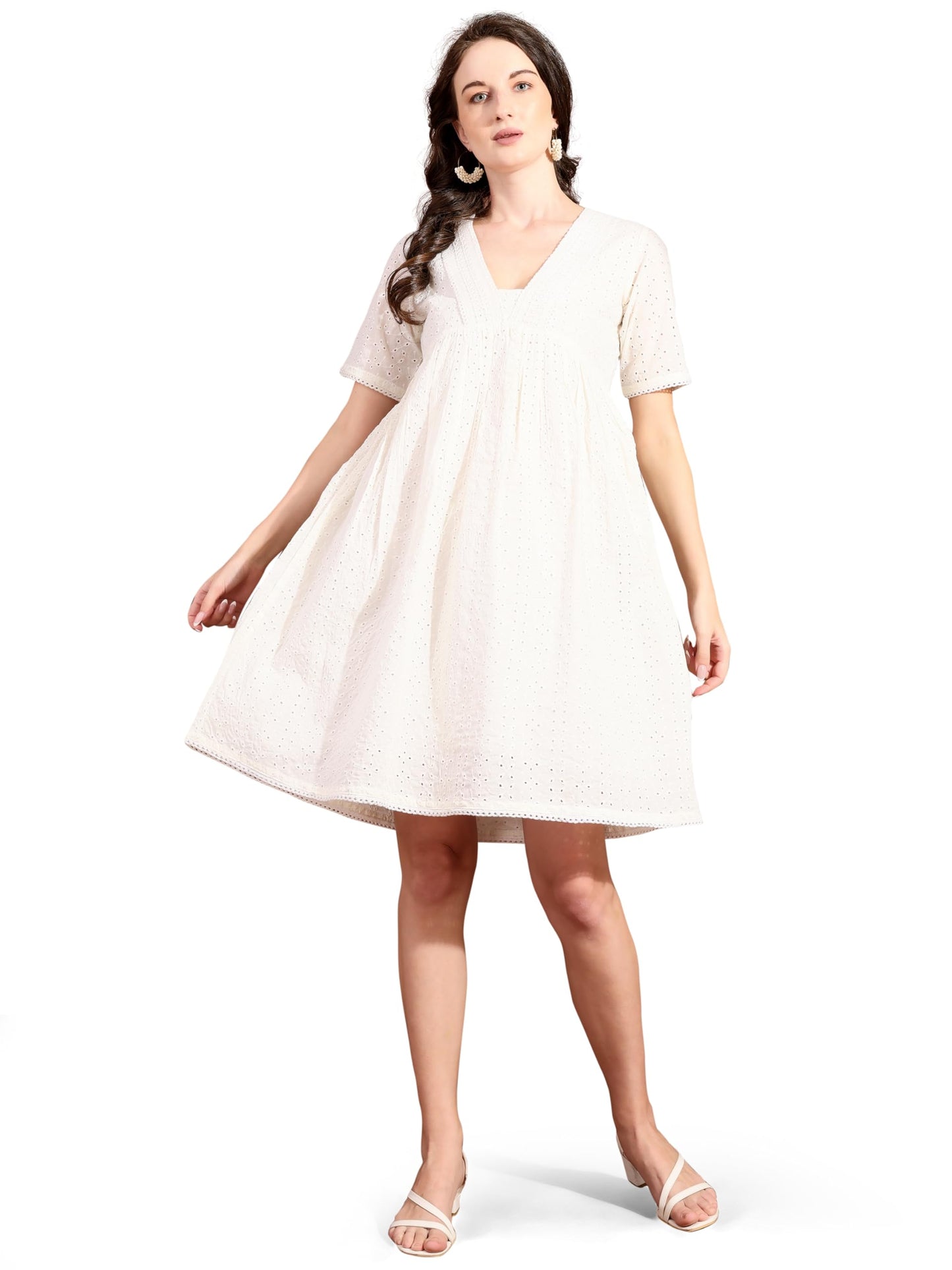 Womanista Women's Off White Cotton SCHIFLLI with CROCIO V-Neck LACE A-LINE Ethnic Dress Knee-Length