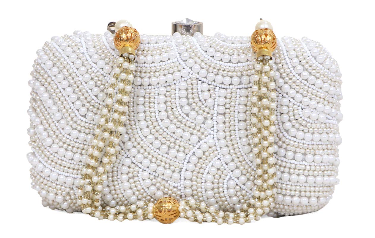 DUCHESS Women's Velvet Pearl Box Clutch with Detachable Chain Sling Strap - Hand Clutch Wallet Purse for Wedding Party, Casual (White, 7 x2x 4 inches)