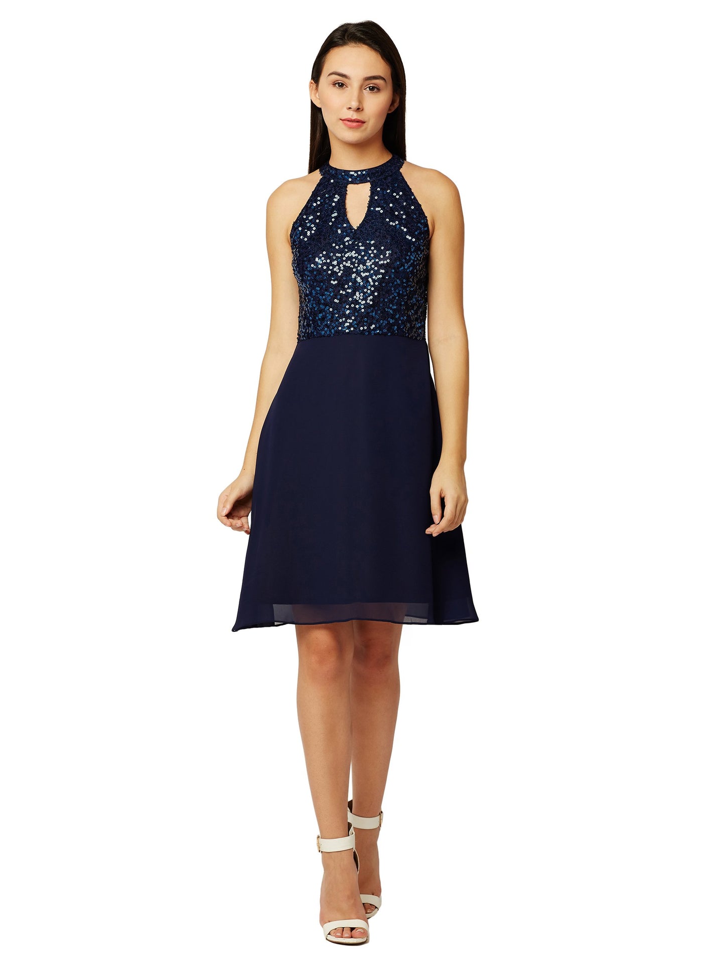 Miss Chase Women's Flowy Sequin Georgette Skater Dress(MCSS18D10-61-71-04,Navy Blue,Medium)