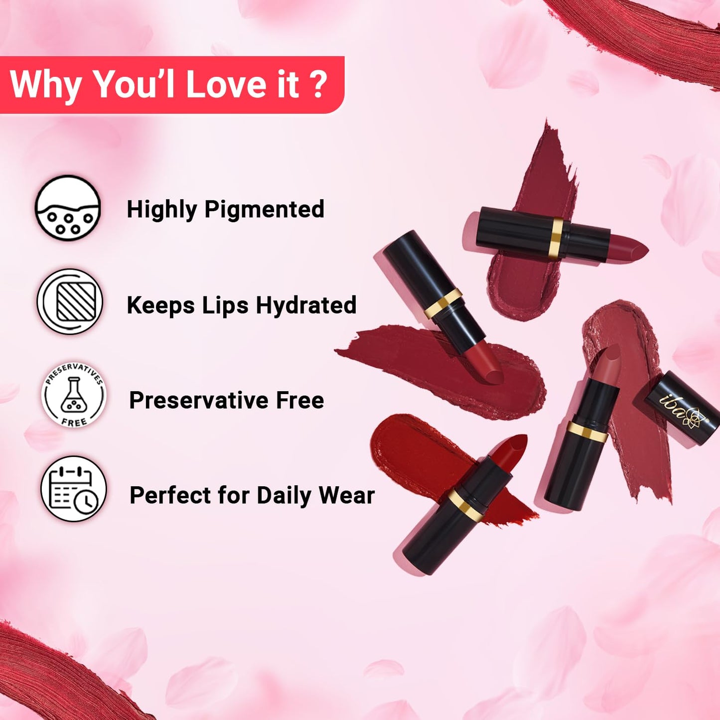 Iba Pure Lips Moisture Rich Lipstick for Women- A72 Maroon Burst, 4g | High Glossy, Creamy Finish & Smooth Texture| Hydrated Lips | Enriched with Vitamin E, Coconut Oil & Shea Butter | Intense Colour & Highly Pigmented | Lip Makeup
