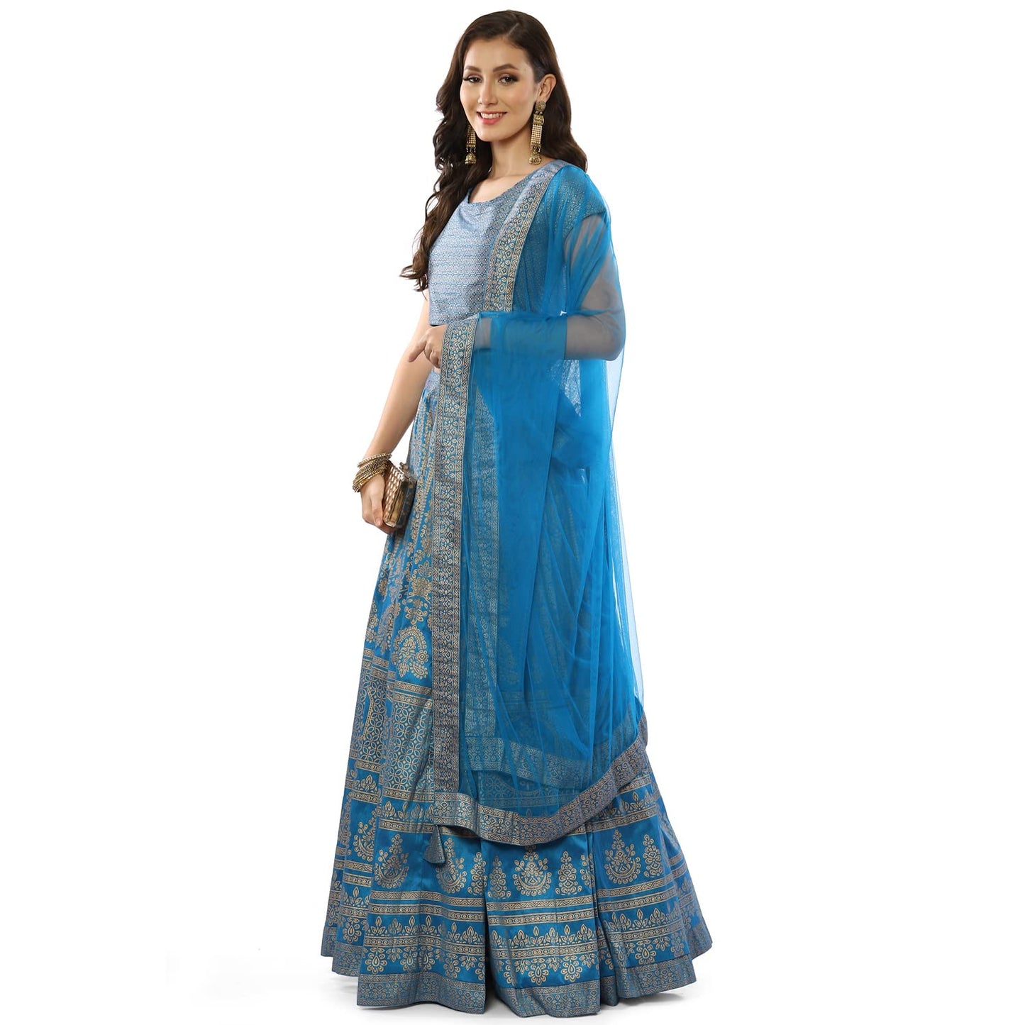 BIBA Women's Polyester Lehenga Set Readymade Printed Flared Salwar Kurta Dupatta(Skdfestive 8367_Turquoise_36)