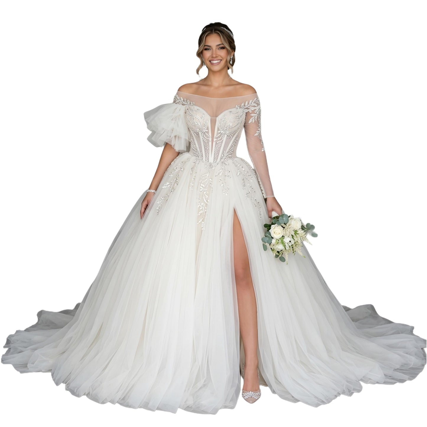 ThreadTexture Women's Luxury Off-the-Shoulder Beaded Wedding Dress Crystal Corset High Slit Bridal Gown (in, Alpha, XS, Regular, White, Designer Shivay)