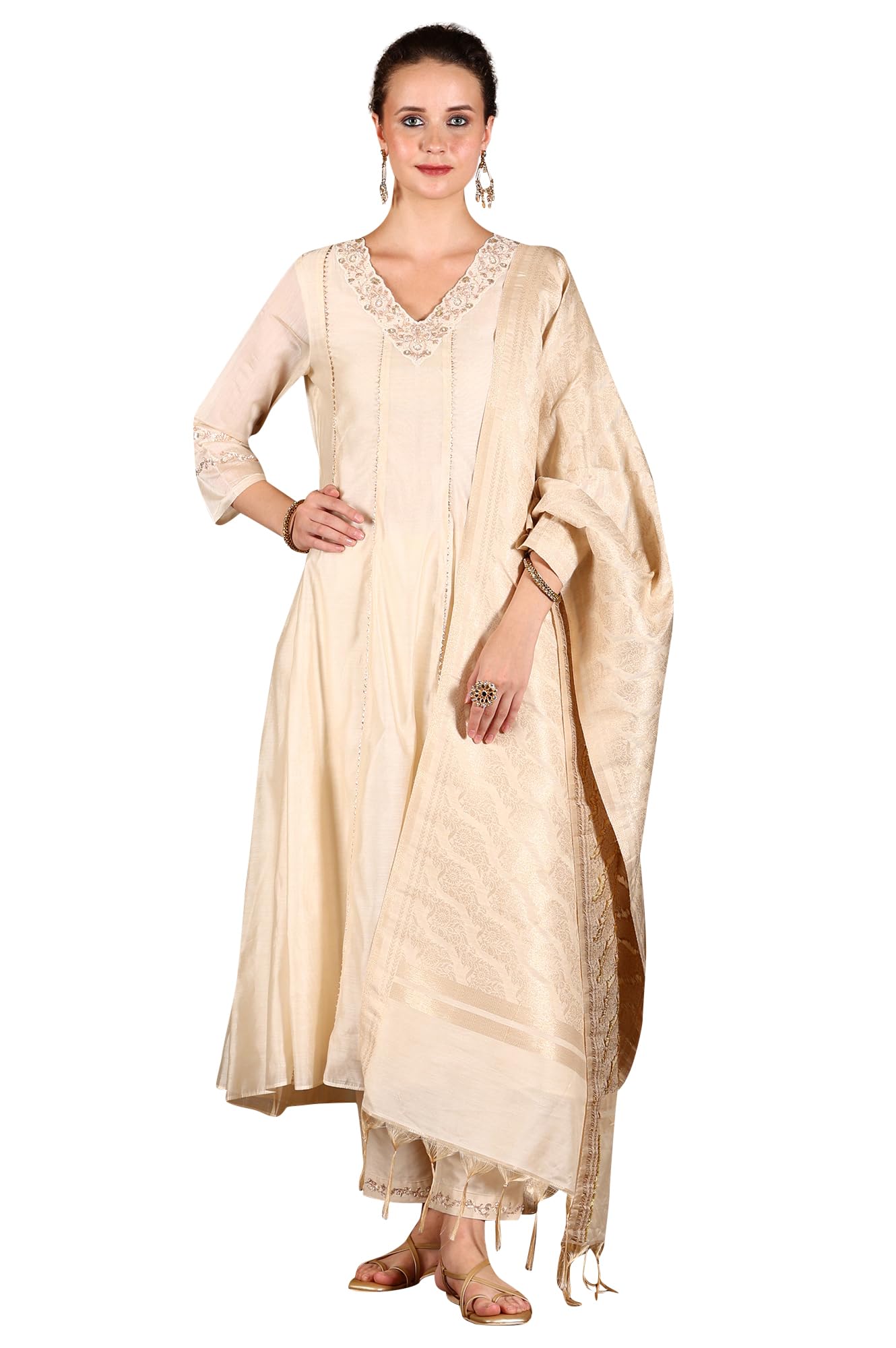 W for Woman Beige Embroidered Flared Chanderi Kurta, Pants and Dupatta Set (Size: XXL)-24AUWS11183-222326
