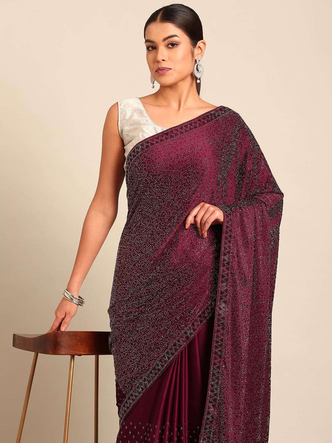 MOHEY Wine Satin Embroidery|Stone Work Saree for Women