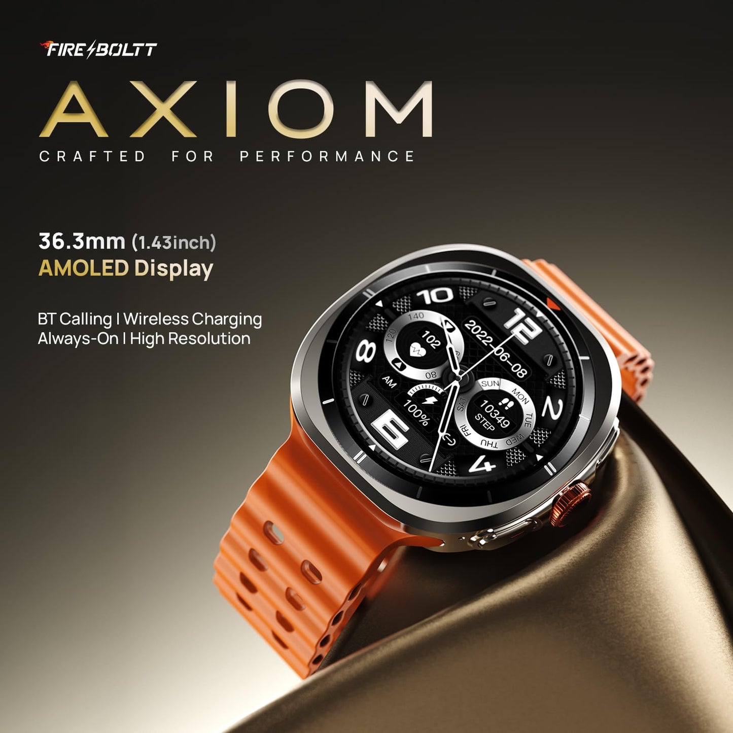Fire-Boltt Axiom Smart Watch 1.43" Super AMOLED Display,Health & Fitness Tracking,Always-On Screen, Wireless Charging, Rotating Crown, Bluetooth Calling, Metal Case Smart Watch for Man & Woman-Orange