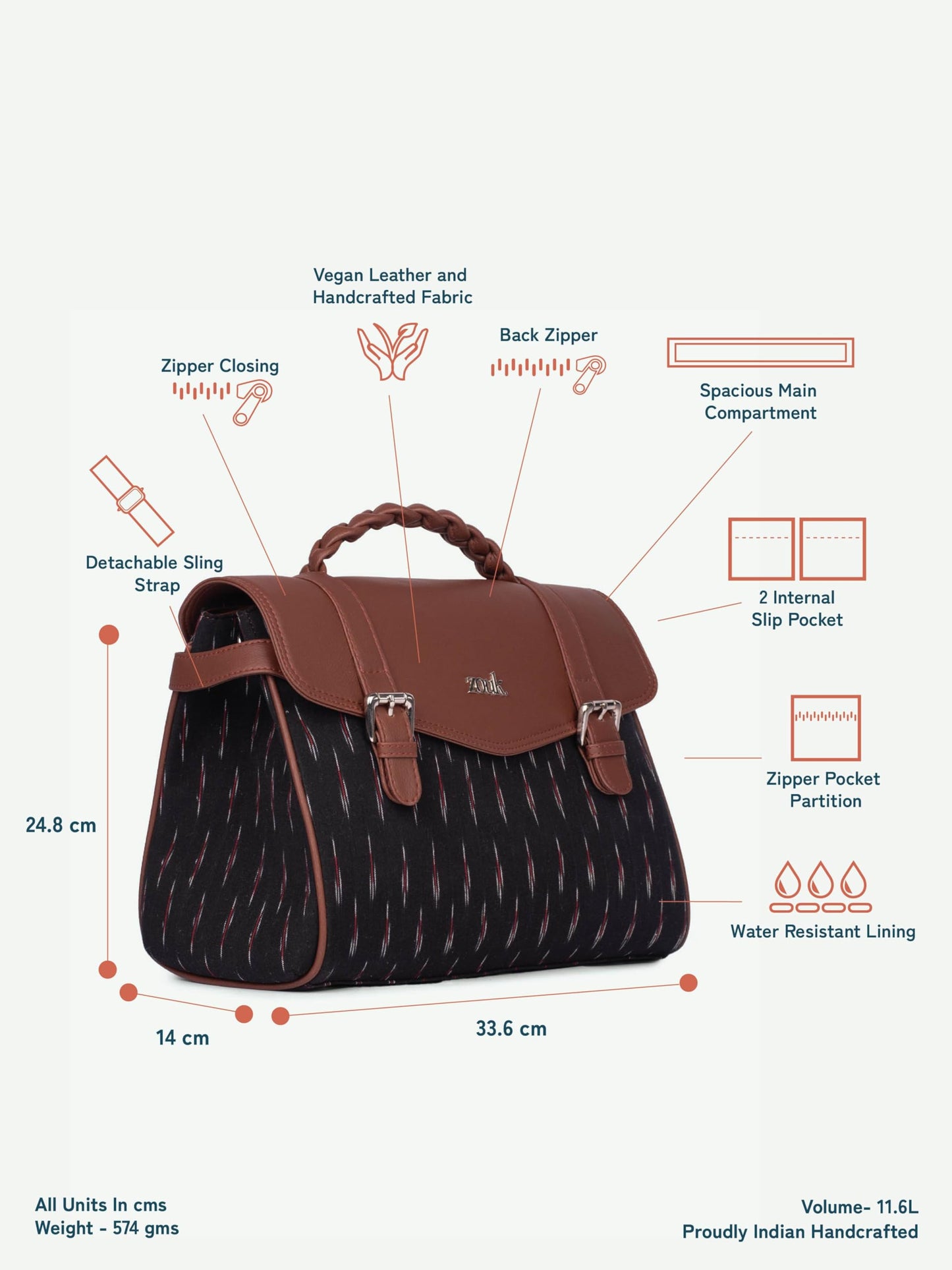 ZOUK Konkona Heritage Satchel Bag - Ikat GreRed | Jute | Vegan Leather Handcrafted With Detachable Sling Strap| Black and Red