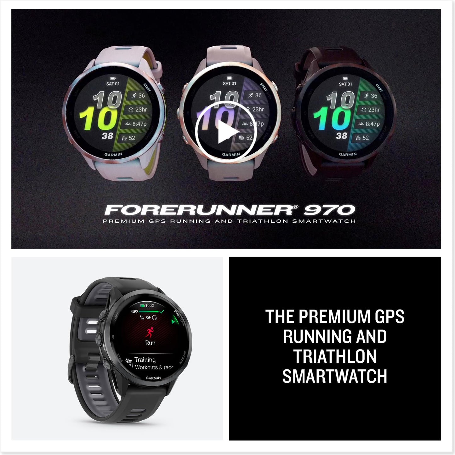 Garmin® Forerunner® 970, Premium GPS Running and Triathlon Smartwatch, AMOLED Display, Built-in LED Flashlight, Carbon Gray DLC Titanium with Black Case and Black/Translucent Whitestone Band