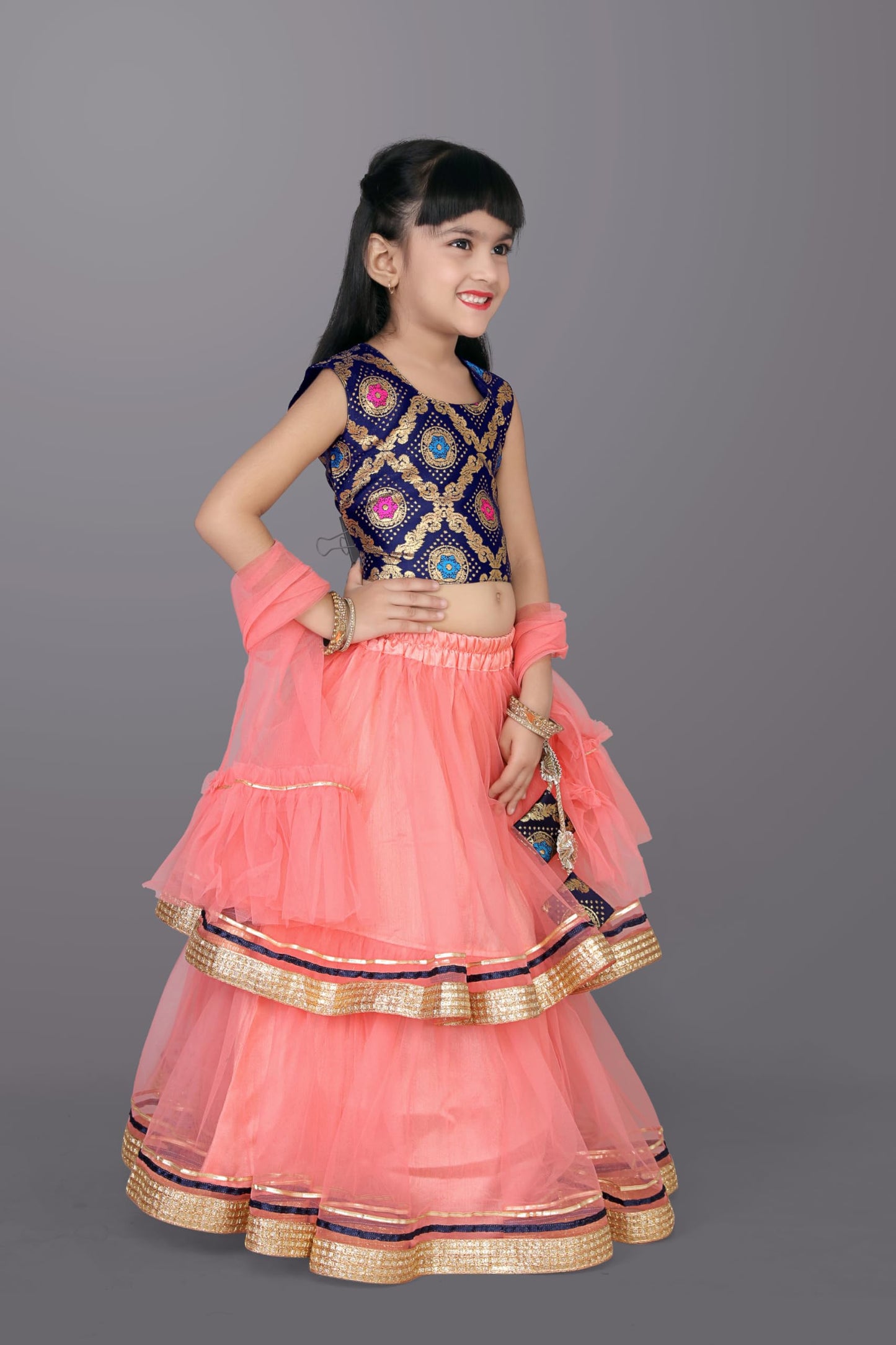 satyamfab Girls Ready to Wear Lehenga & Blouse with Dupatta - Heavy Mono Net and Jacquard Fabric, Fully Stitched