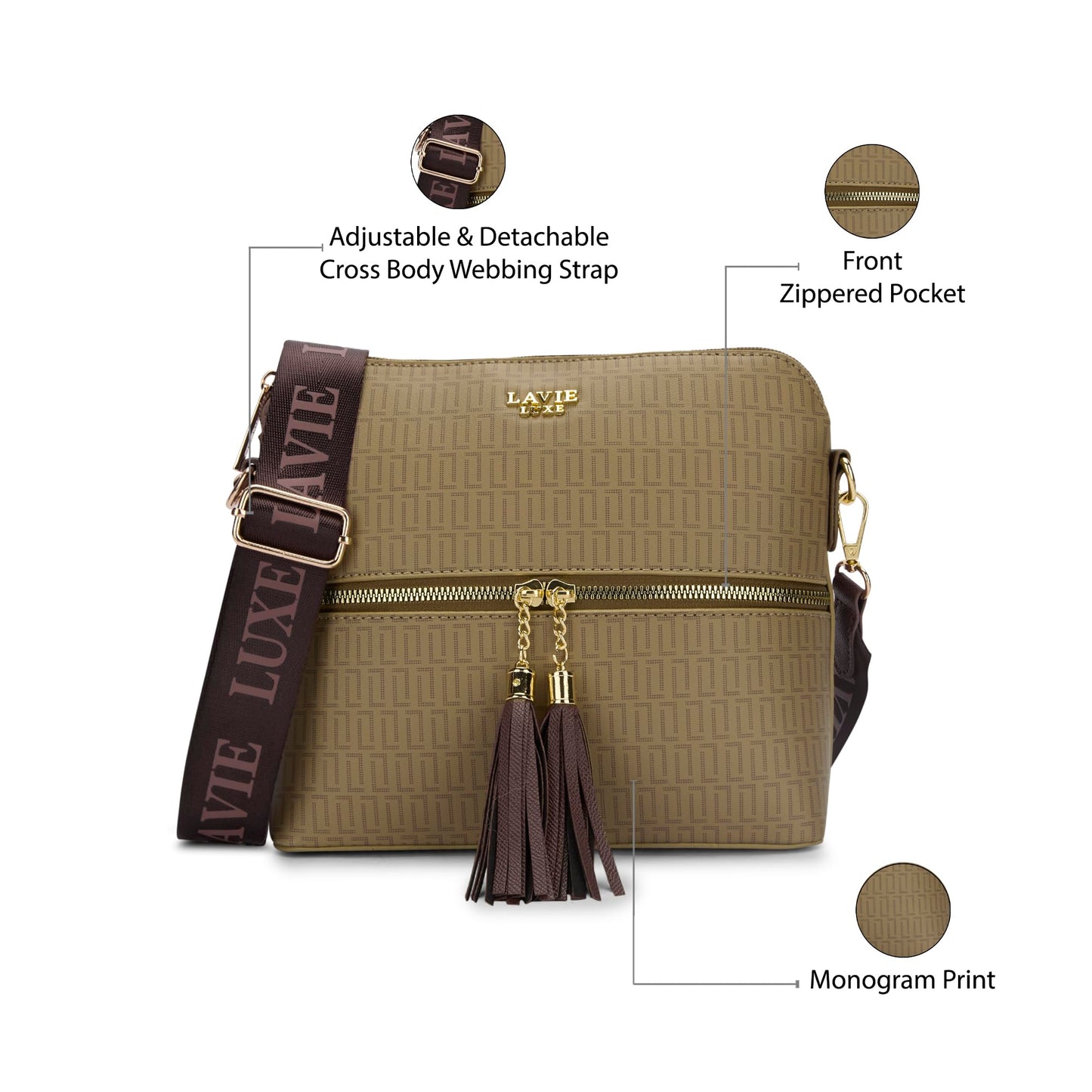 Lavie Luxe Women's Mono Tiara 25 Medium Monogram Print Tassel Cross Body Sling Bag | Ladies Purse Handbag | Ladies Gift