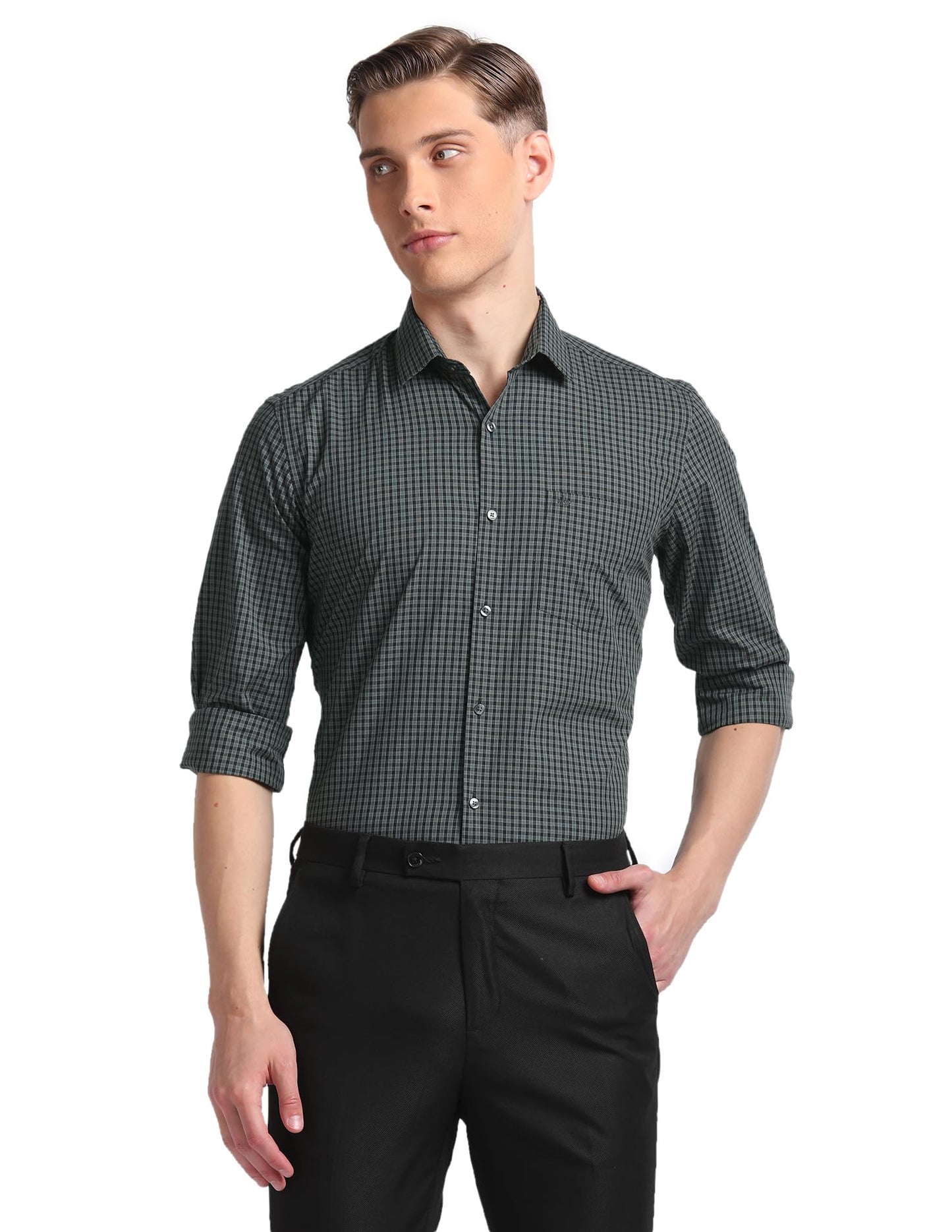 Arrow Men's Grey Checked - Cutaway Collar Full Sleeves Formal Shirt with Chest Pocket | Cotton Fabric | Slim Fit