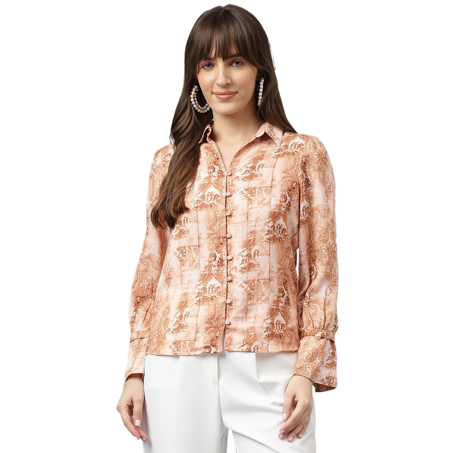 Latin Quarters Women Brown Full Sleeve Spread Collar Printed Shirt for Casual Wear_L