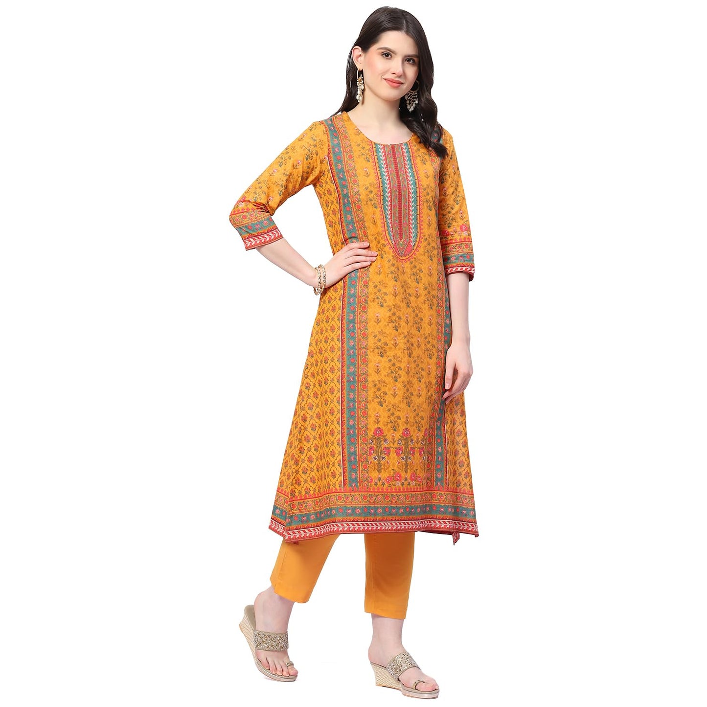 BIBA Women Cotton A Line Printed Suit Set (SKDGUL8951SS24MUST_Yellow