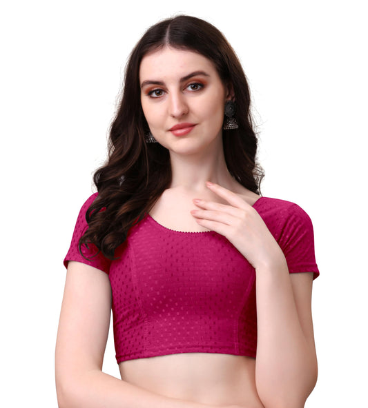 Mogsa Stylish Cotton Saree Blouse for Women | Soft Dobby Stretch Fabric | Round Neck | Stitched Blouse for Party, Casual & Festive Use (Pink, 34)
