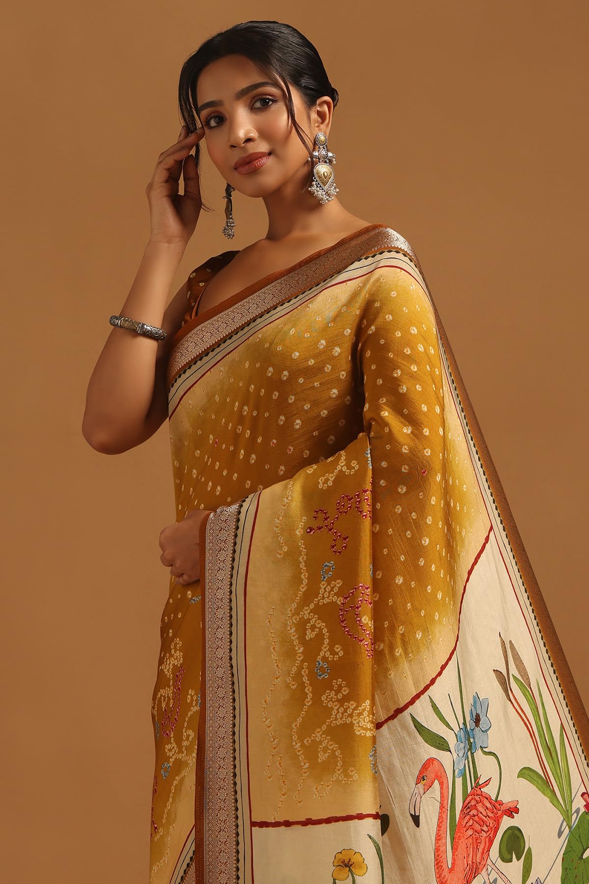 Soch Womens Gold Poly Viscose Bandhani Saree