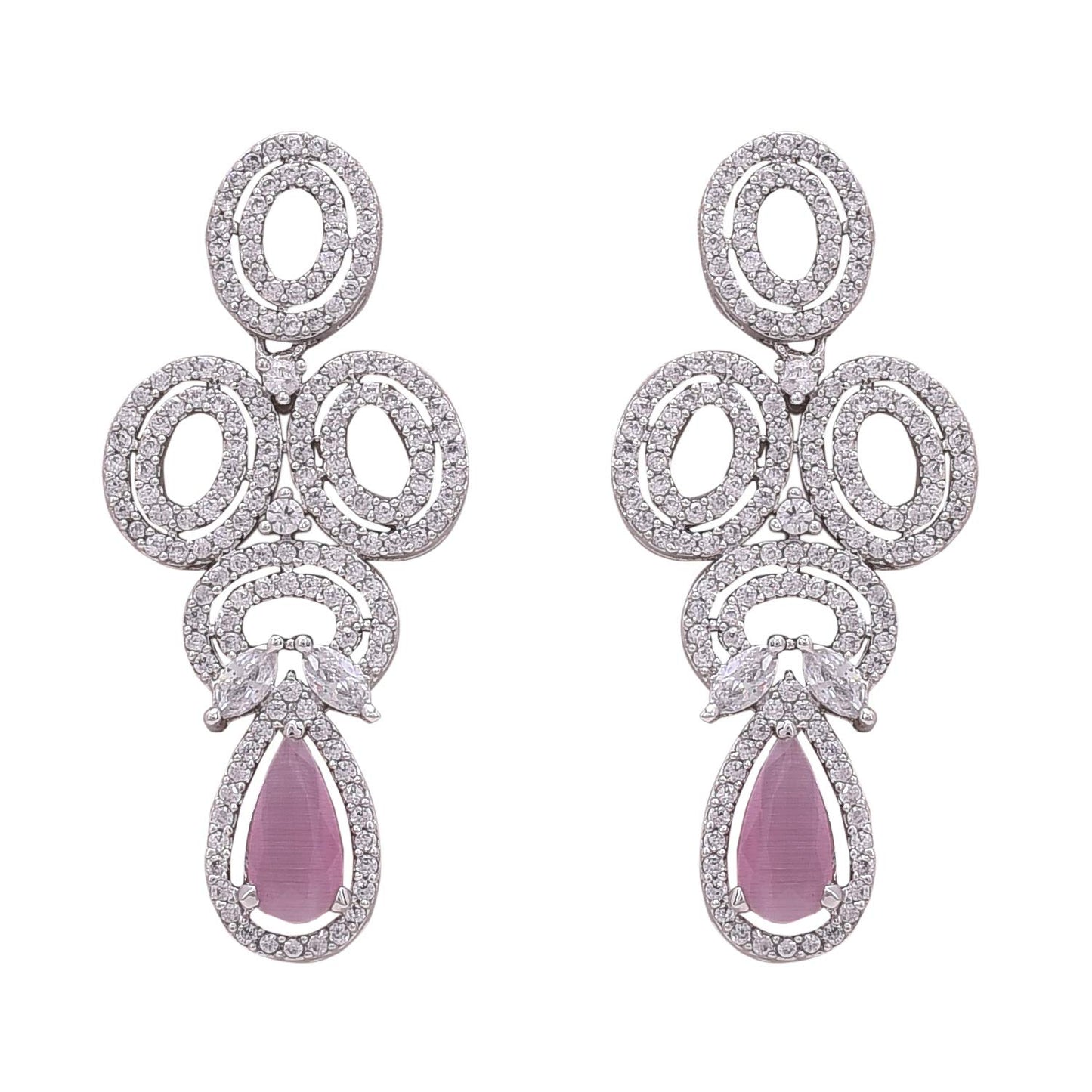 Ratnavali Jewels Brass Silver Plated Designer Pink White Cubic Zirconia Heavy Bridal Necklace & Earrings Set for Women & Girls RV4077P