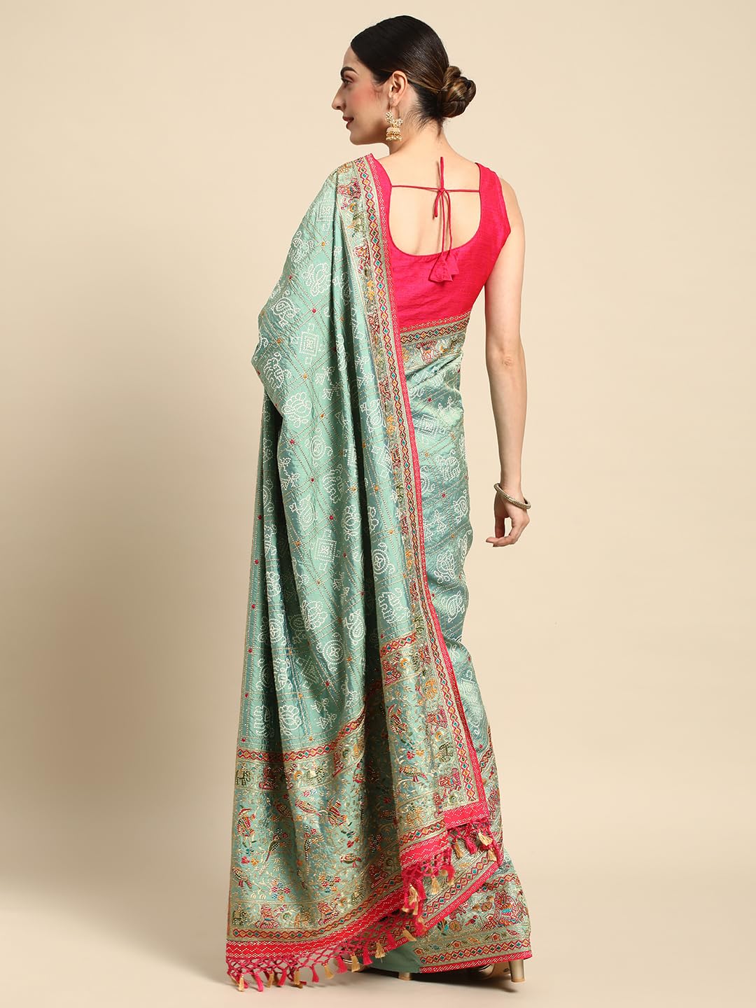 MOHEY Green Art Silk Mirror Embroidered Saree for Women