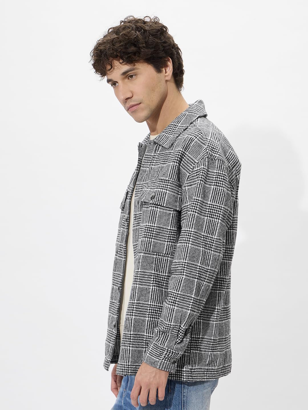 The Souled Store Houndstooth Pattern Men and Boys Long Sleeves Collared Neck Button Front Grey Cotton Oversized Shackets