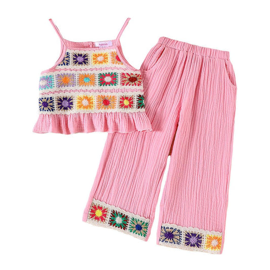 Hopscotch Girls Sleeveless Embellished Pink Color Pant set (5-6 Years)