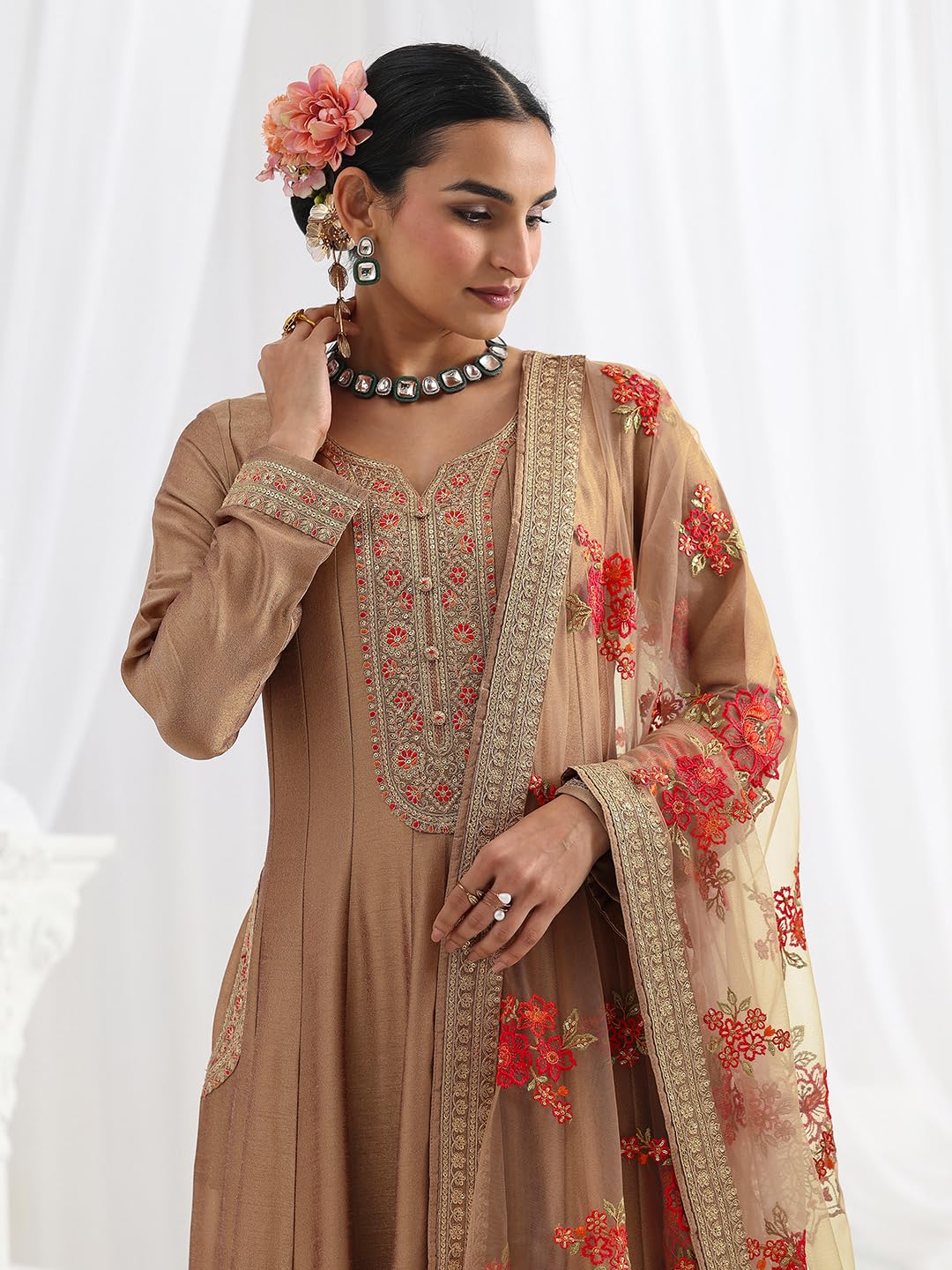 Libas Embroidered Silk Blend A-Line Ethnic Dress with Dupatta-93638L