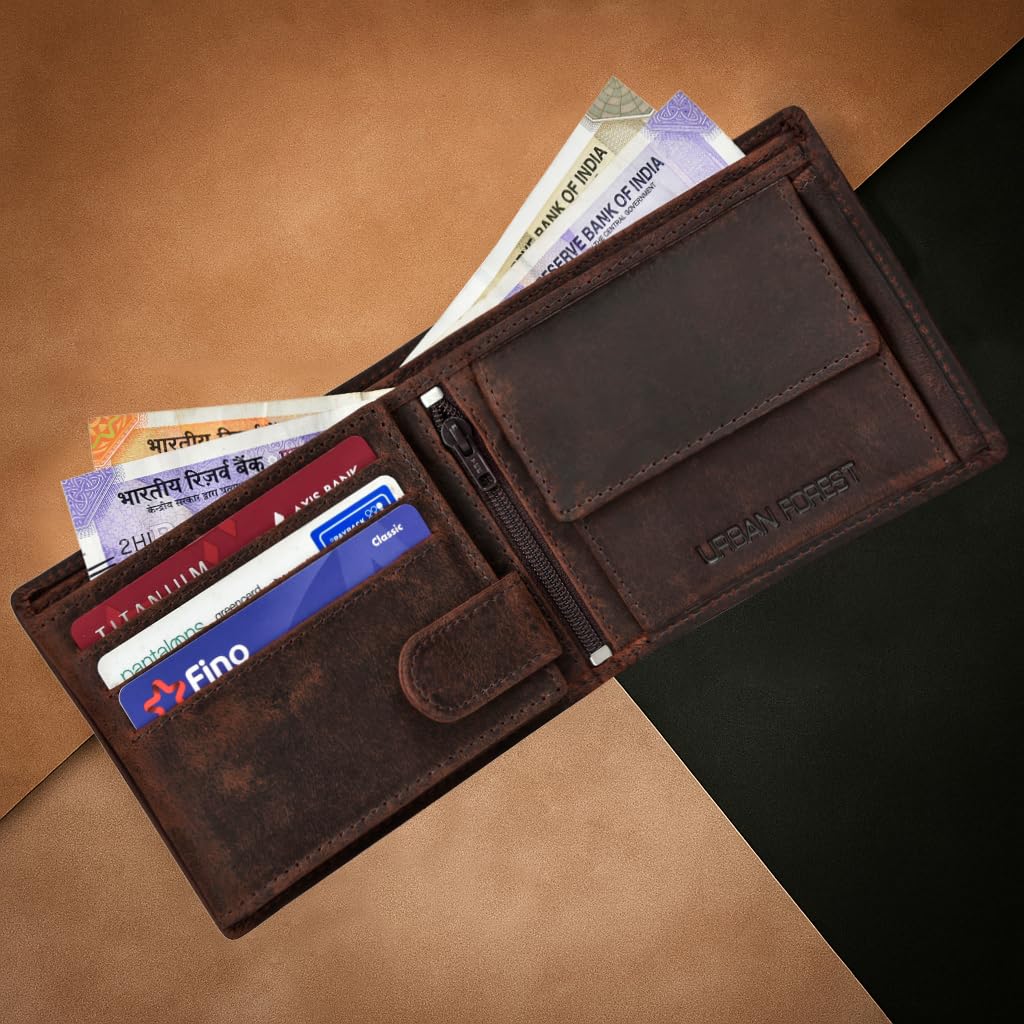 URBAN FOREST Zeus Vintage Brown Leather Bi-Fold Wallet for Men, 6 Card Slot