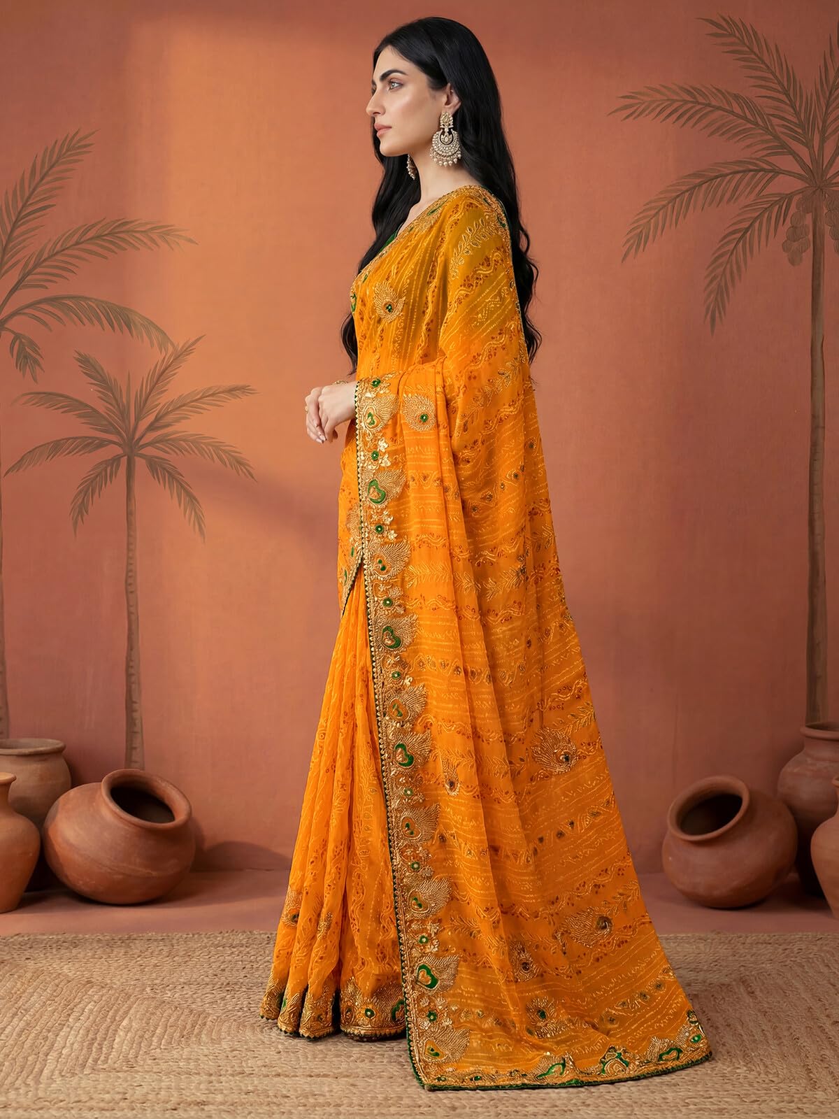 SIRIL Women's Georgette Embroidery Gota Lace Bandhani Printed Saree with Unstitched Blouse Piece (4524S373AA_Yellow)