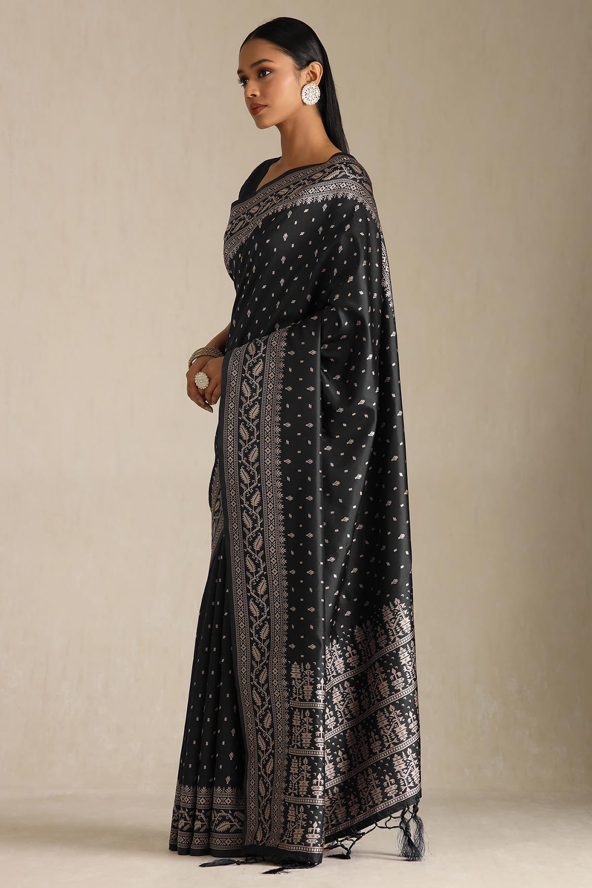 Soch Womens Black Tussar Woven Design Saree