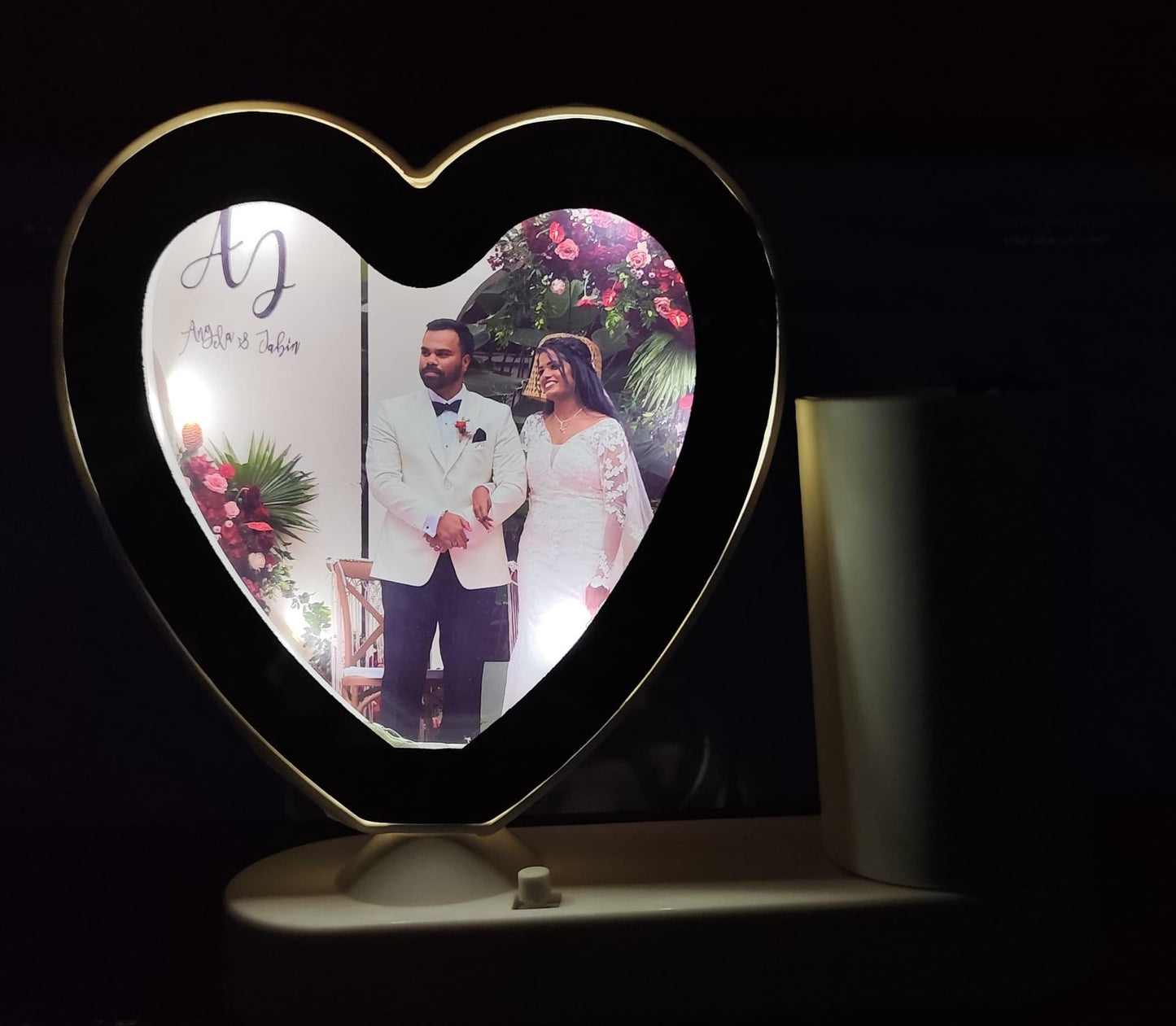 VK VENTURE Plastic Customized Round LED Magic Mirror Photo Frame Tabletop with Pen Stand Personalized LED Light Picture Frame for Desk Gifts (warm white Light Round Shaped) 18 x 18 cm