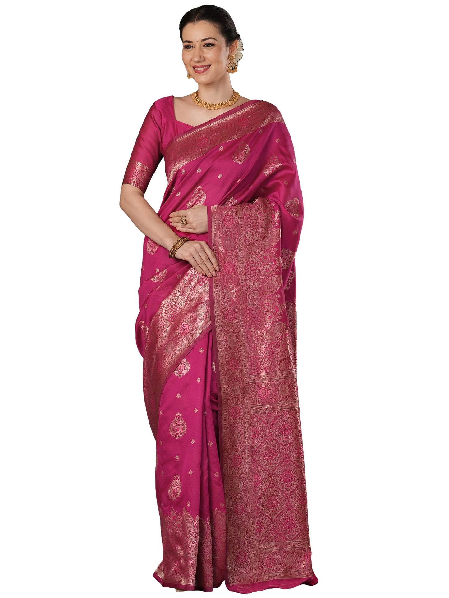 AKHILAM Women's Kanjivaram Woven Soft Silk Saree With Blouse Piece