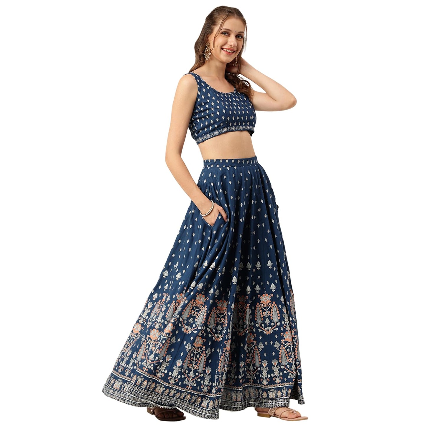 Divena Blue Rayon Flared Lehenga Choli Set with Organza Dupatta